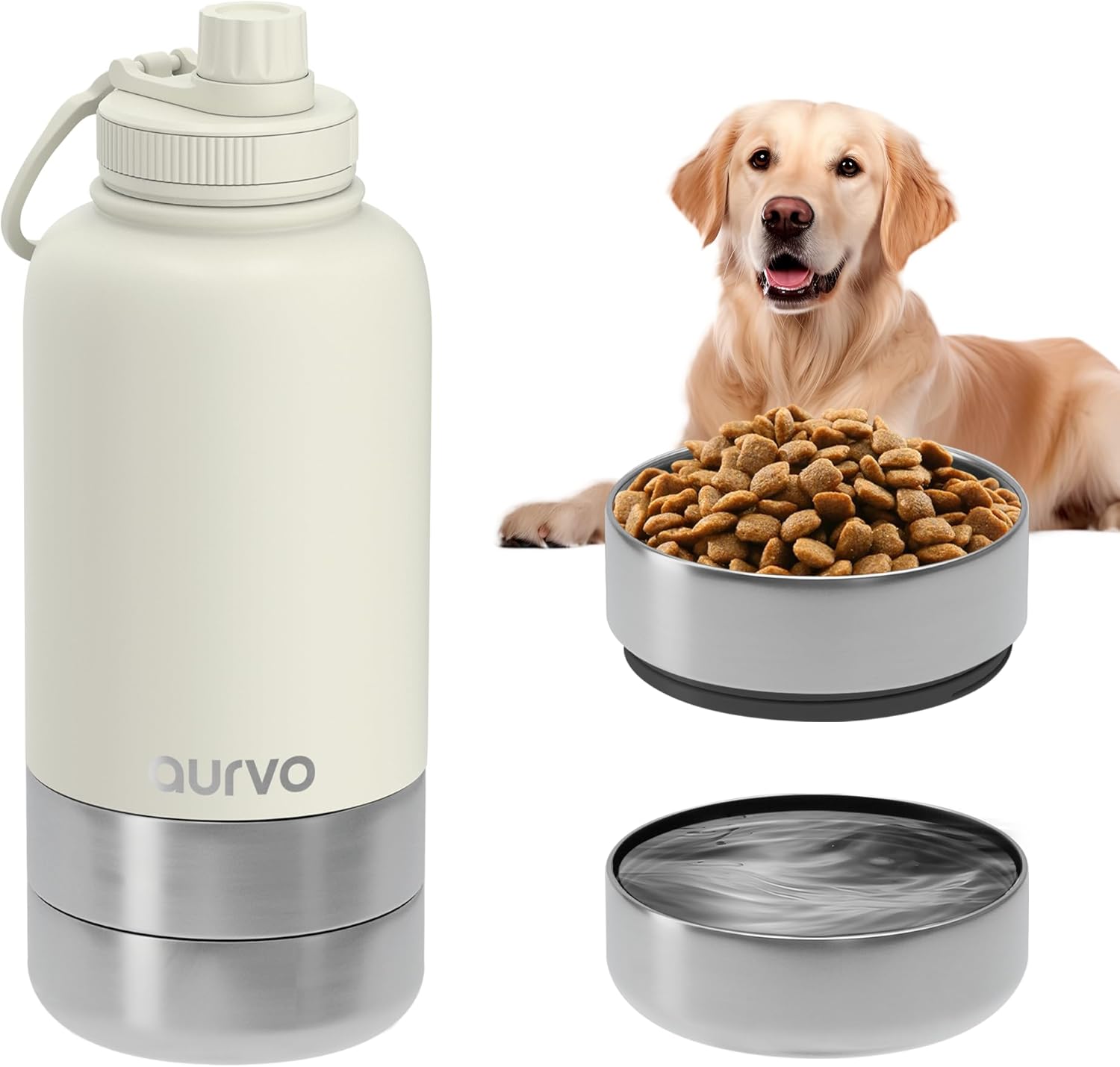 32oz Dog Water Bottle with Bowls – Leakproof Insulated Stainless Steel, Portable Travel Bottle for Hiking, Camping, Outdoor Use (Pearl White, 32oz)