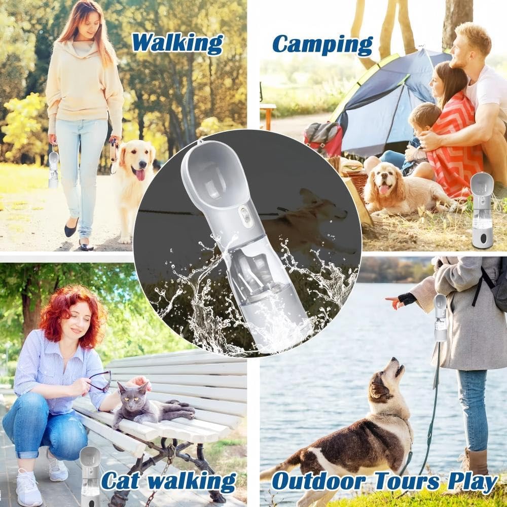 4-in-1 Dog Water Bottle for Walking & Travel – Leakproof Portable Pet Water Dispenser with Bowl, Poop Bag Holder & Shovel | Reusable, Easy One-Hand Use for Dogs & Cats, Hiking and Outdoor Adventures