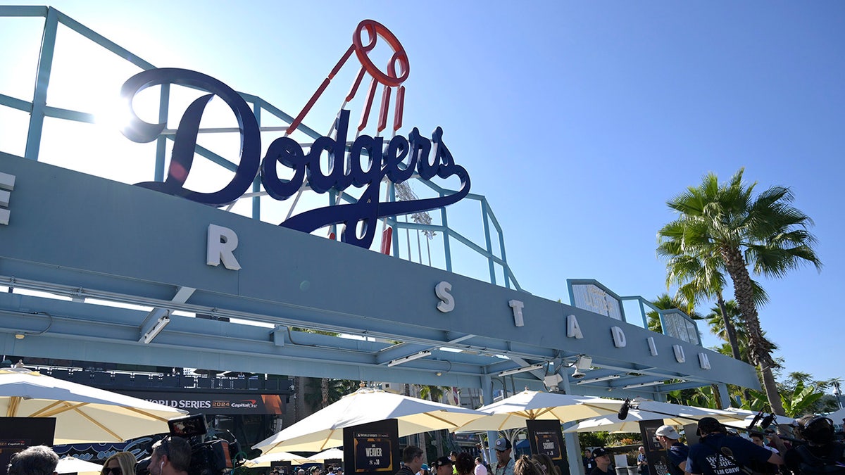 Centerfield plaza at Dodger Stadium during media day before World Series game one