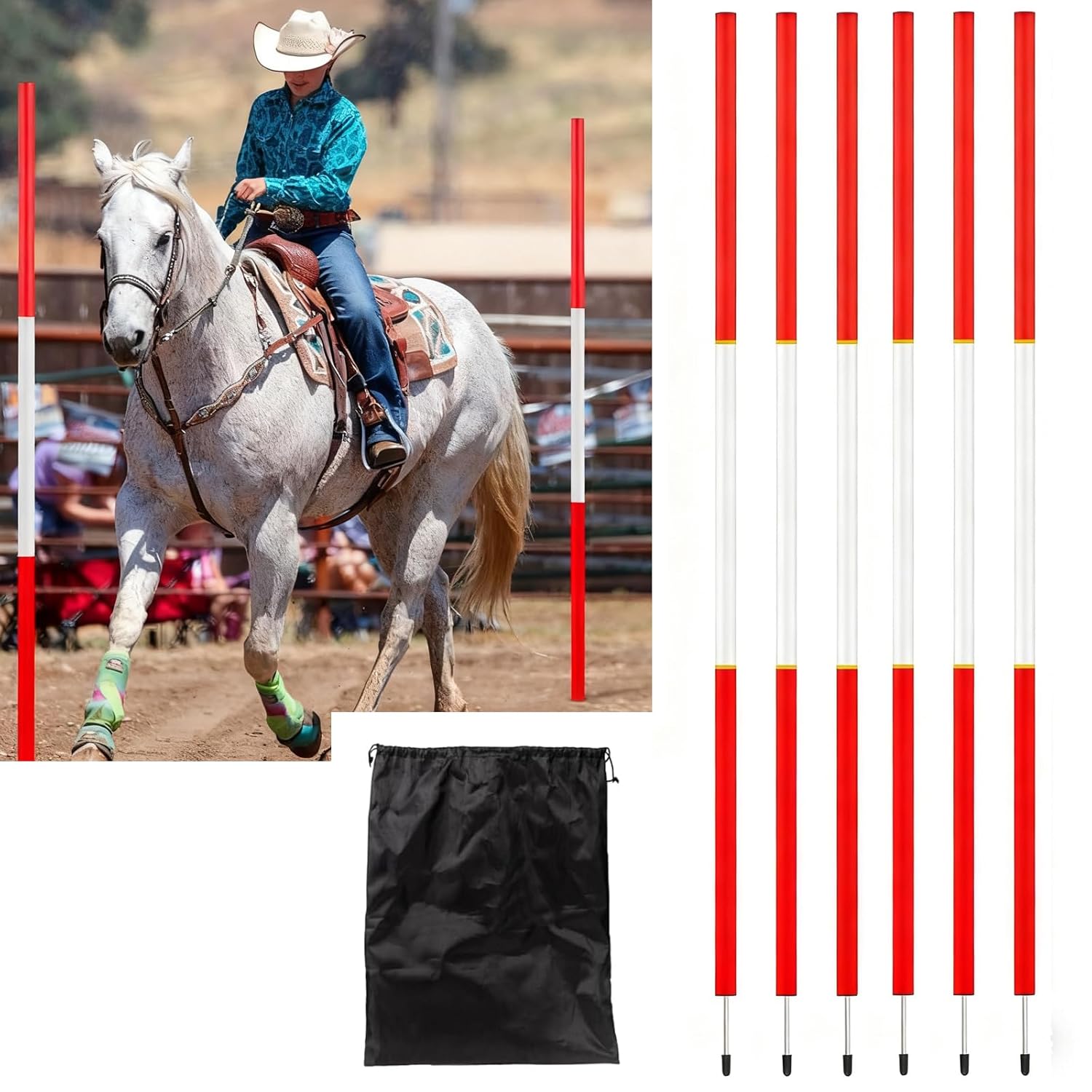 6 Pcs 6 FT Pole Bending Poles for Horses, Portable Speed&Agility Training Equipment Set with Ground Nail and Bag for Horses, Dogs, Soccer, Basketball, Football