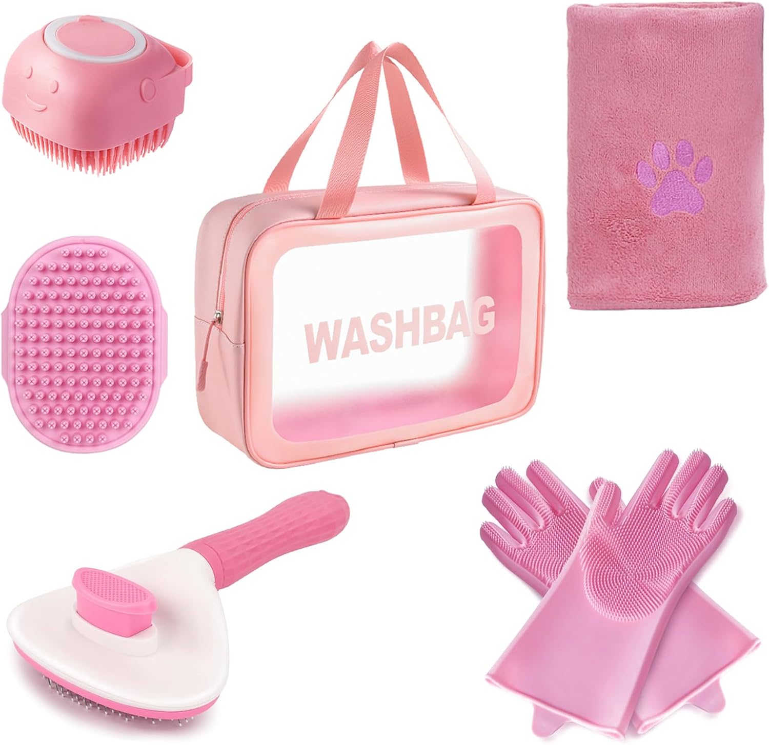 6PCS Pink Dog Washing Kit with Dog Brush, Shampoo Brush, Bath Scrubber,Washing Gloves, 39.7″ × 20.5″ Towel and Big Toiletries Bag.