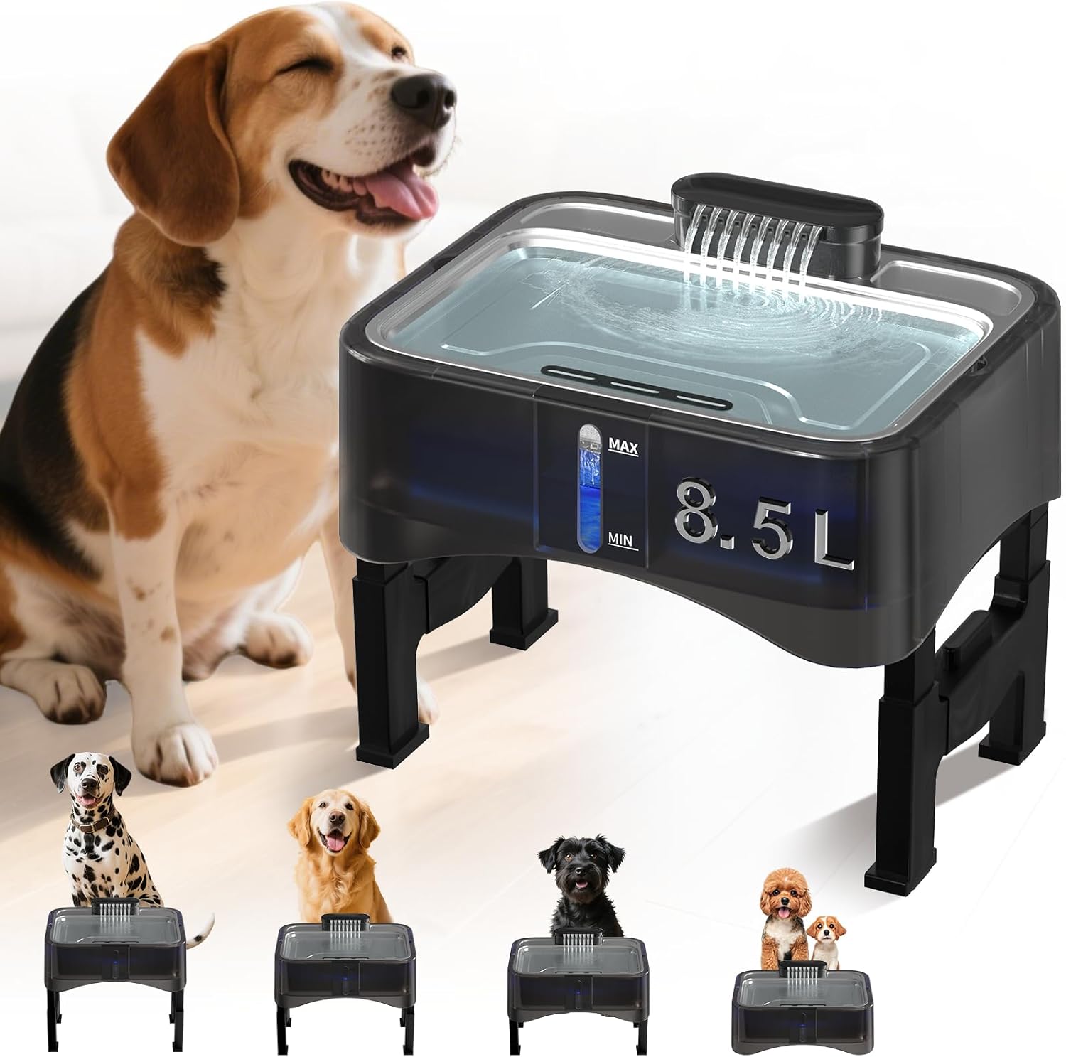 8.5L/2.25Gal Elevated Dog Water Fountain, Xetino 4 Height Adjustable Raised Dog Water Bowl Dispenser for Large Dogs with Stainless Steel Tray BPA-Free, Pet Water Fountain with Ultra Quiet Pump