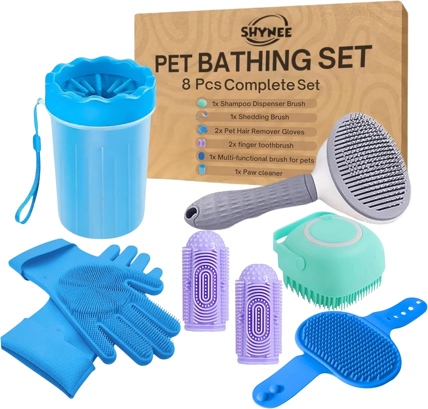 8PCs Dog Grooming Kit – Dog Shampoo Brush | Washing Gloves | Adjustable Dog Bath Brush | Dog Paw Cleaner | 2X Toothbrush | Dog Scrubber For Bath & Massage – Grooming & Bath Supplies for Dogs and Cats