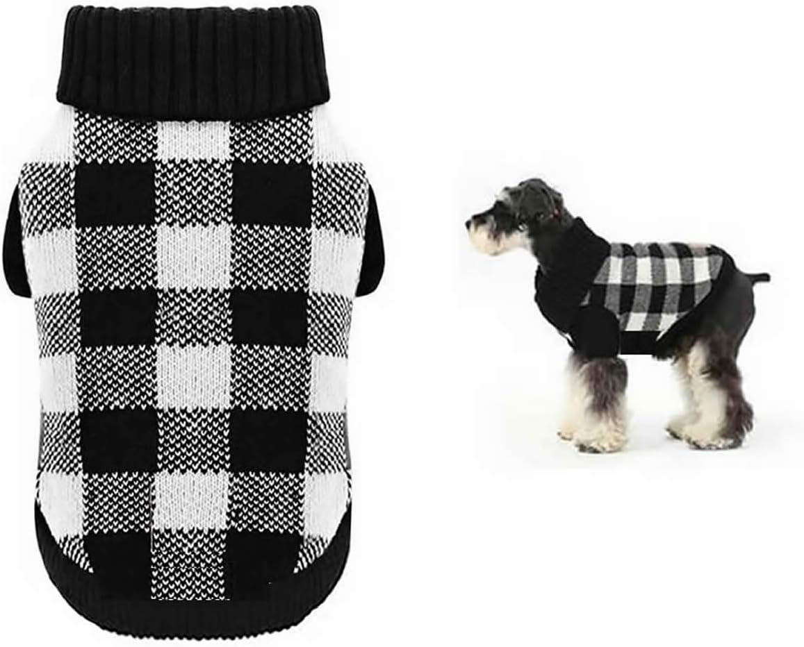 A&L Dog Sweater British White Black Plaid Knitted Xmas Holiday Festive Turtleneck Pet Sweater for Dogs, Medium M 14″ Back Length