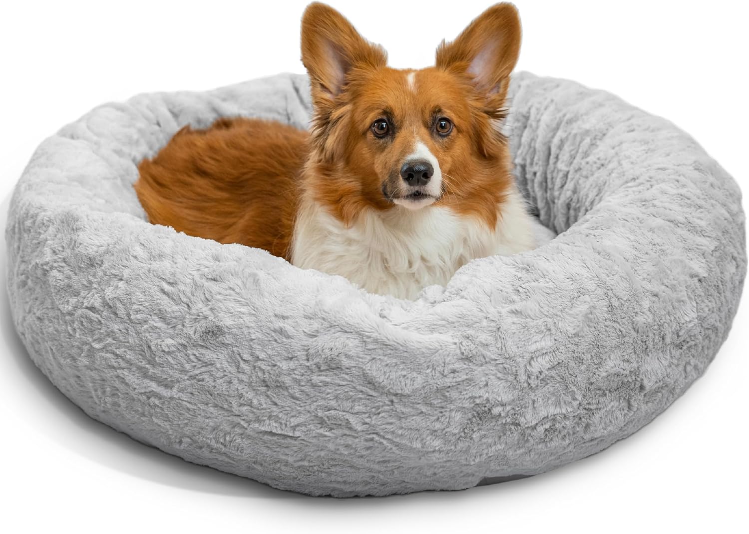 Best Friends by Sheri The Original Calming Donut Dog Bed for Medium Dogs up to 45 lbs, Lux Faux Fur, Gray, Medium, 30″ x 30″