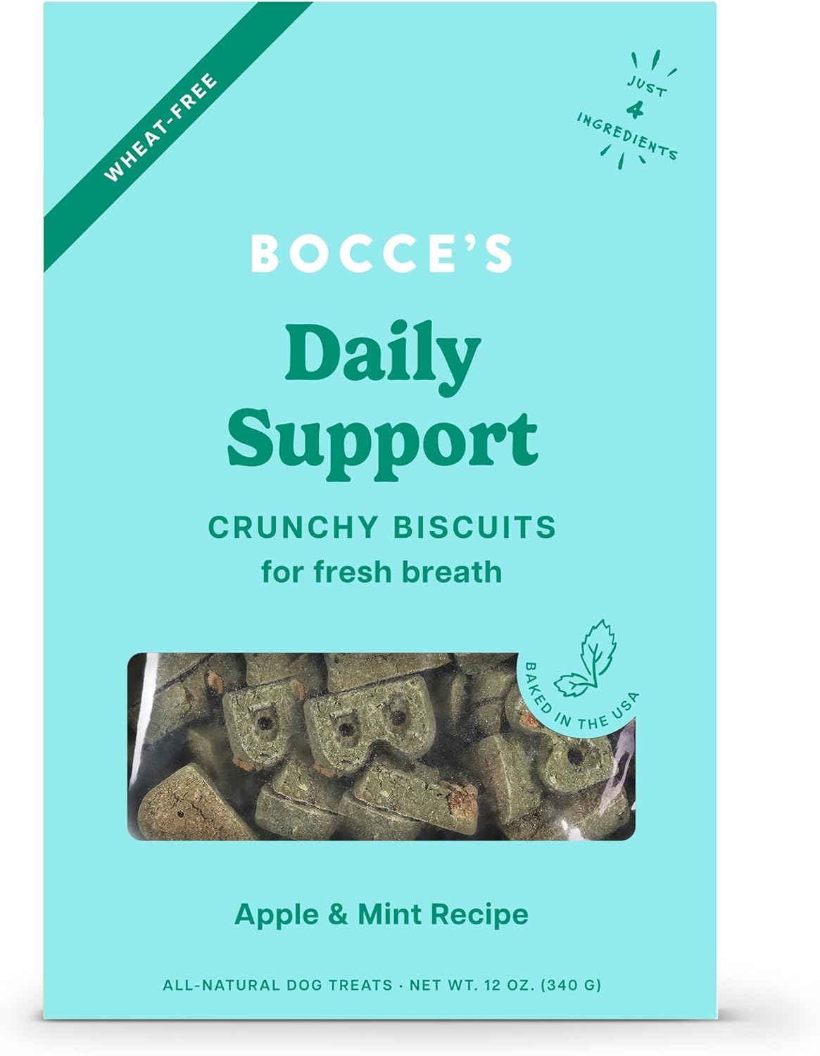 Bocce’s Bakery Breath Daily Support Treats for Dogs, Wheat-Free Dog Treats, Made with Real Ingredients, Baked in The USA, Supports Oral Health, All-Natural Apple & Mint Biscuits, 12 oz