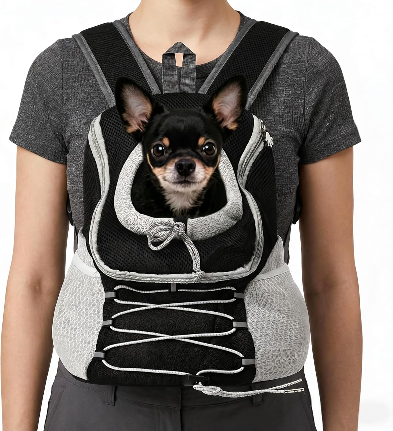 Breathable Dog Carrier Backpack for Small Dogs 2-15 lbs, Front & Back Carry Puppy Backpack with Head-Out Design for Hiking Walking, Black Grey (S)