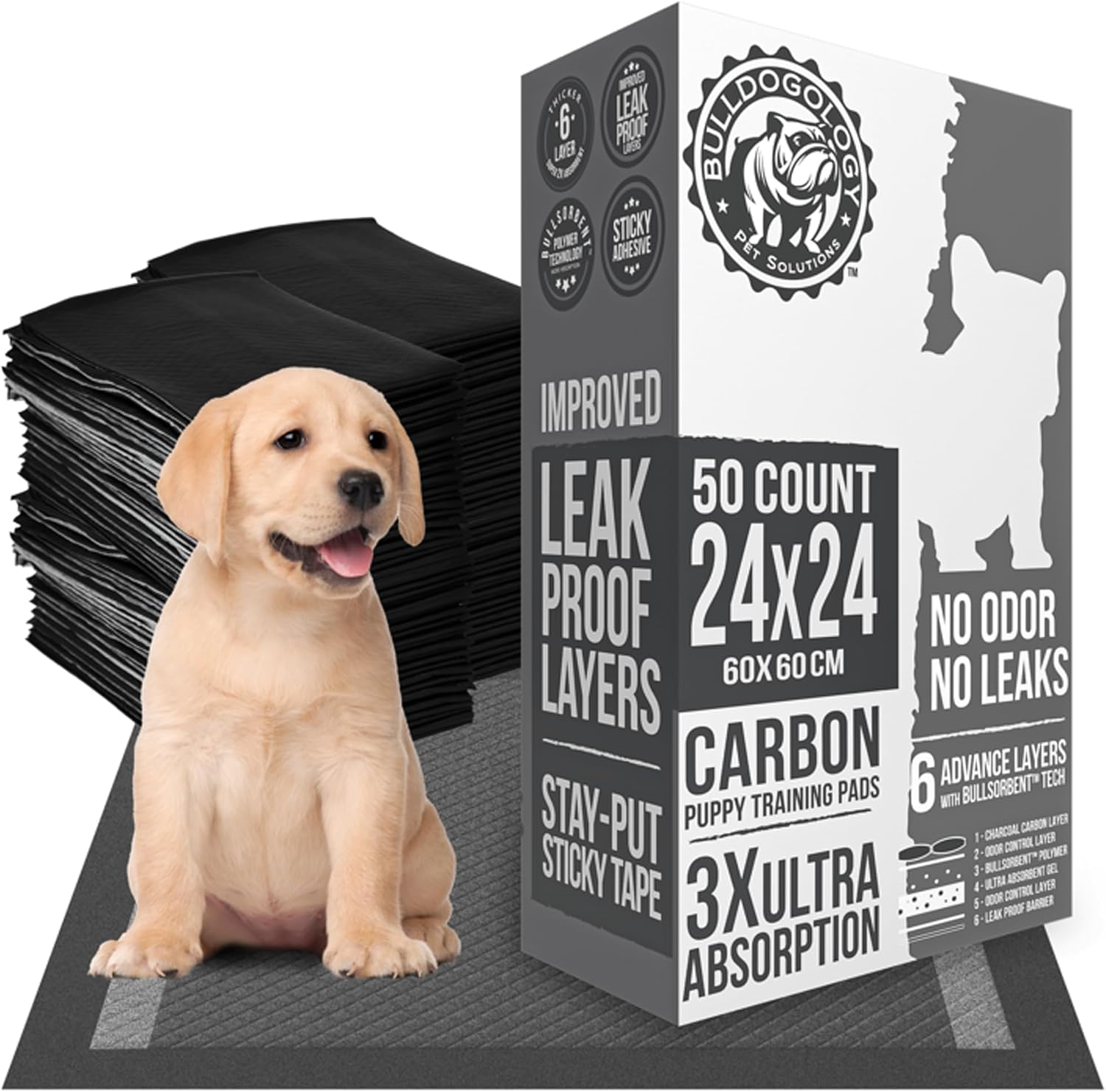 Bulldoglogy 50-Count Carbon Black Dog Pads Puppy Training Pads with Adhesive Tape 24×24 – Large Charcoal Puppy Pads Dog Training Wee Pads, Odor Control Thick Pee Pads for Dogs Extra Quick Dry