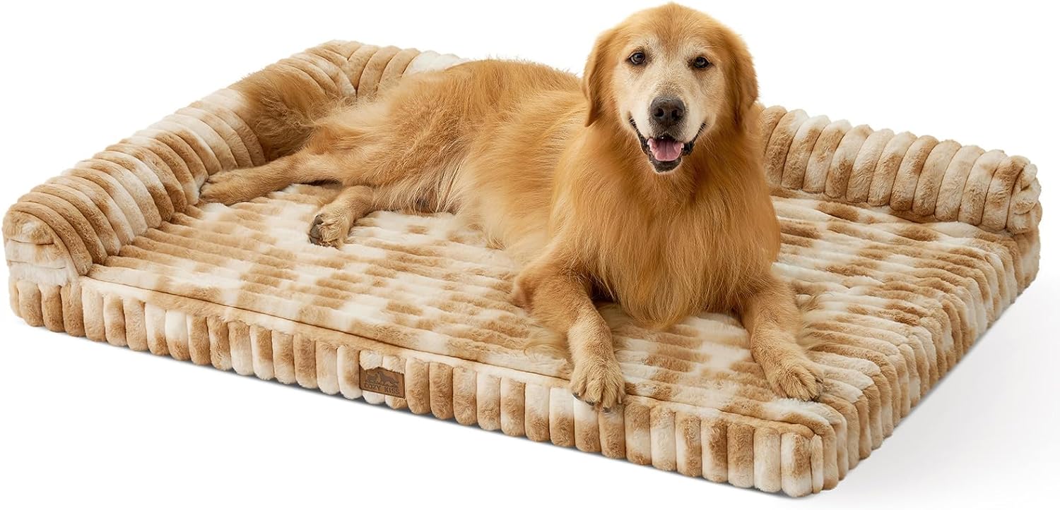 COZY KISS Cute Dog Bed, Faux Rabbit Fur Orthopedic Dog Bed with Sides, Removable Washable Cover & Waterproof Lining, Comfortable Pet Couch for Extra Large Dogs, Tie-Dye Brown (48″ L x 35″ W x 7.5″ Th)