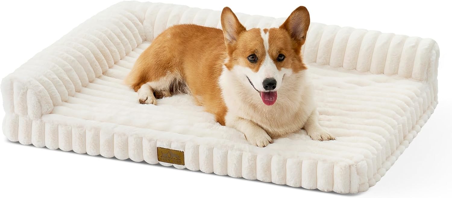 COZY KISS Medium Dog Bed, Faux Rabbit Fur Orthopedic Foam Dog Bed with Sides, Removable Washable Cover & Waterproof Lining, Comfortable Pet Couch for Medium Dogs, Cream (36″ L x 27″ W x 6.5″ Th)
