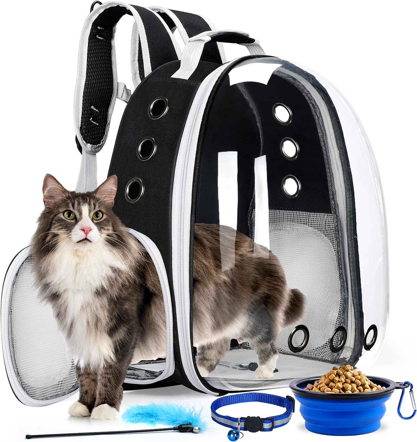 Cat Backpack Carrier with Collapsable Dog Bowl, Cat Collar & Interactive Cat Toy (4 Pcs Set)- Airline Approved Cat Carrier Bag for Medium Dogs & Cats, Animal Carrier Backpacks, Pet Backpack |Black