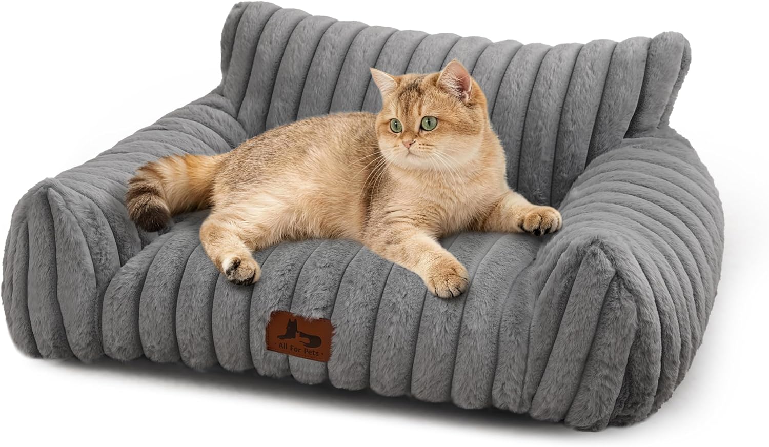 Cat Couch for Pets, Cute Cat Bed with Cozy Soft Faux Rabbit Fur for Kitten, Fuzzy Cats Sofa for Indoor Cats, Supportive Pet Sofa with Removable Washable Cover, Light Gray, 24″