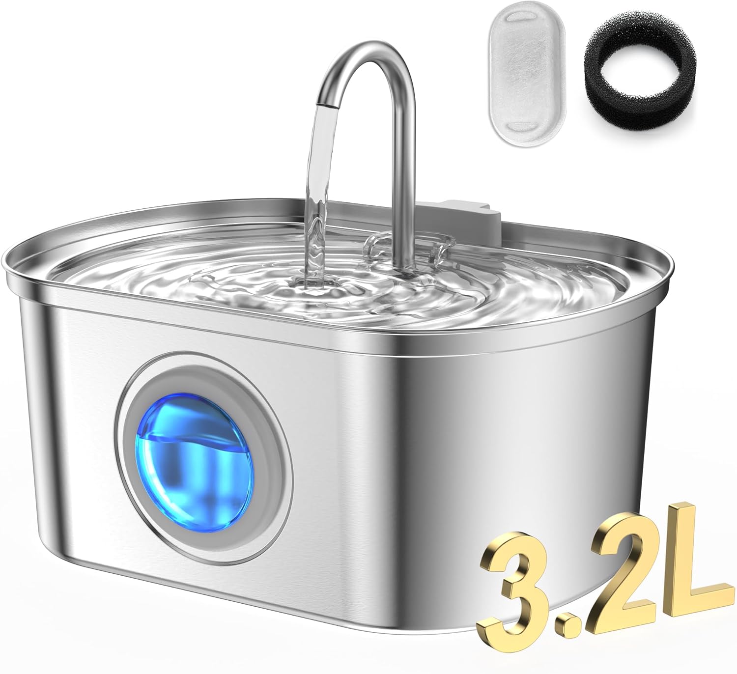 Cat Water Fountain Stainless Steel with Water Level Window,108oz/3.2L Cat Fountain Quiet Automatic Pet Water Fountain for Cats and Small Dogs