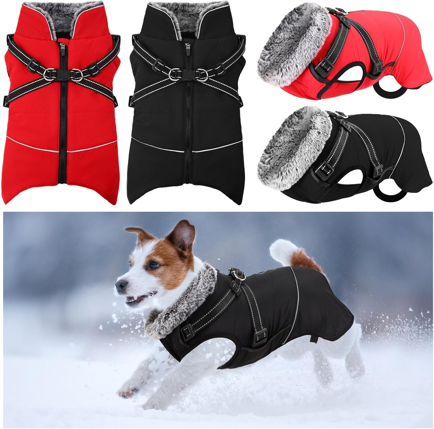 Dansydaisy 2 Pcs Dog Winter Coats Reflective Dog Winter Jackets with Harness Built in, Thicken Fleece Lining Adjustable Pet Cold Weather Coats for Pet Turtleneck Clothes(Middle)