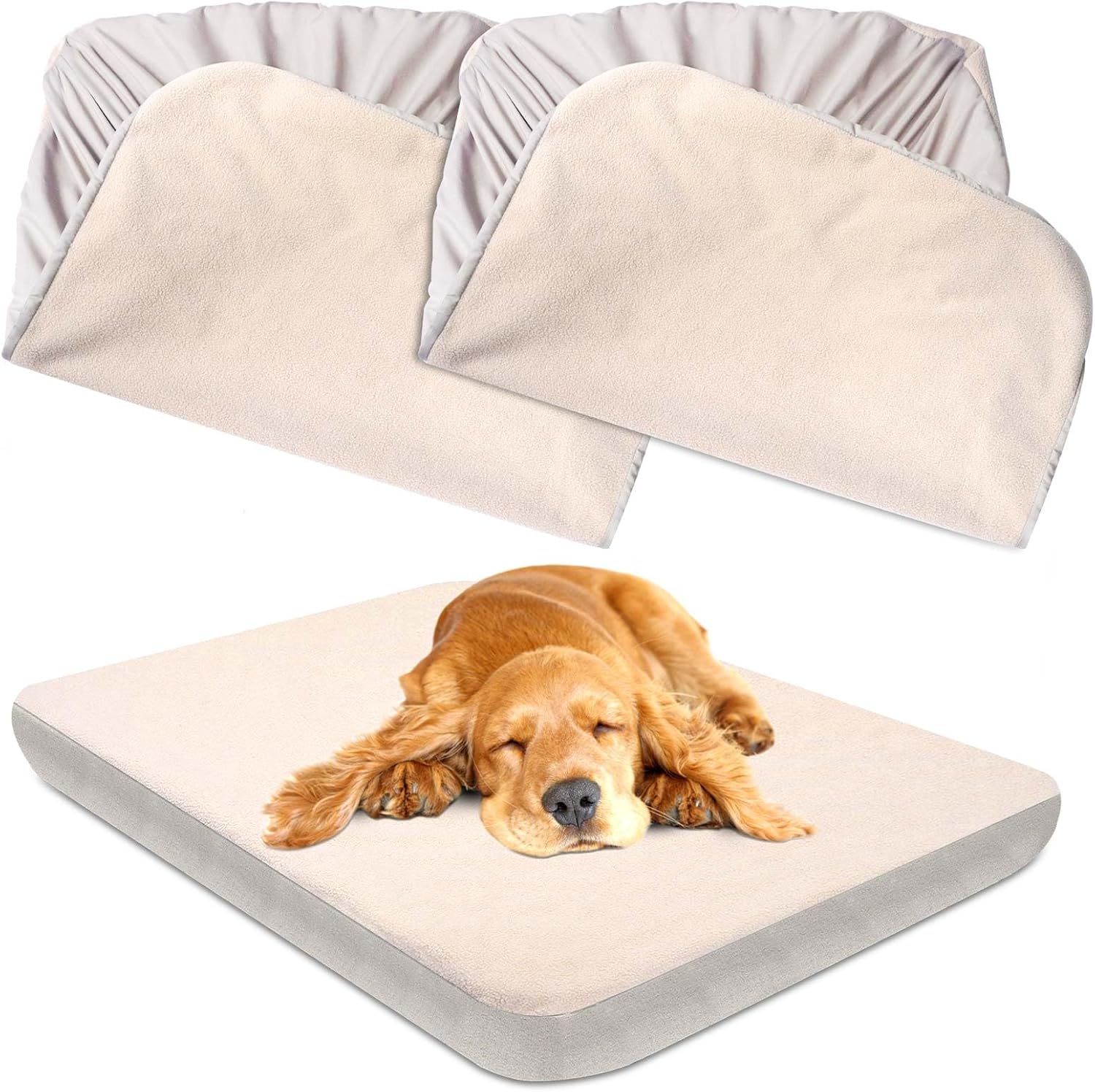 Dog Bed Covers Replacement Washable 100% Waterproof Dog Bed Sheets, Soft & Noiseless Pet Bed Cover, 2 Pack, 36″ x 27″ Beige