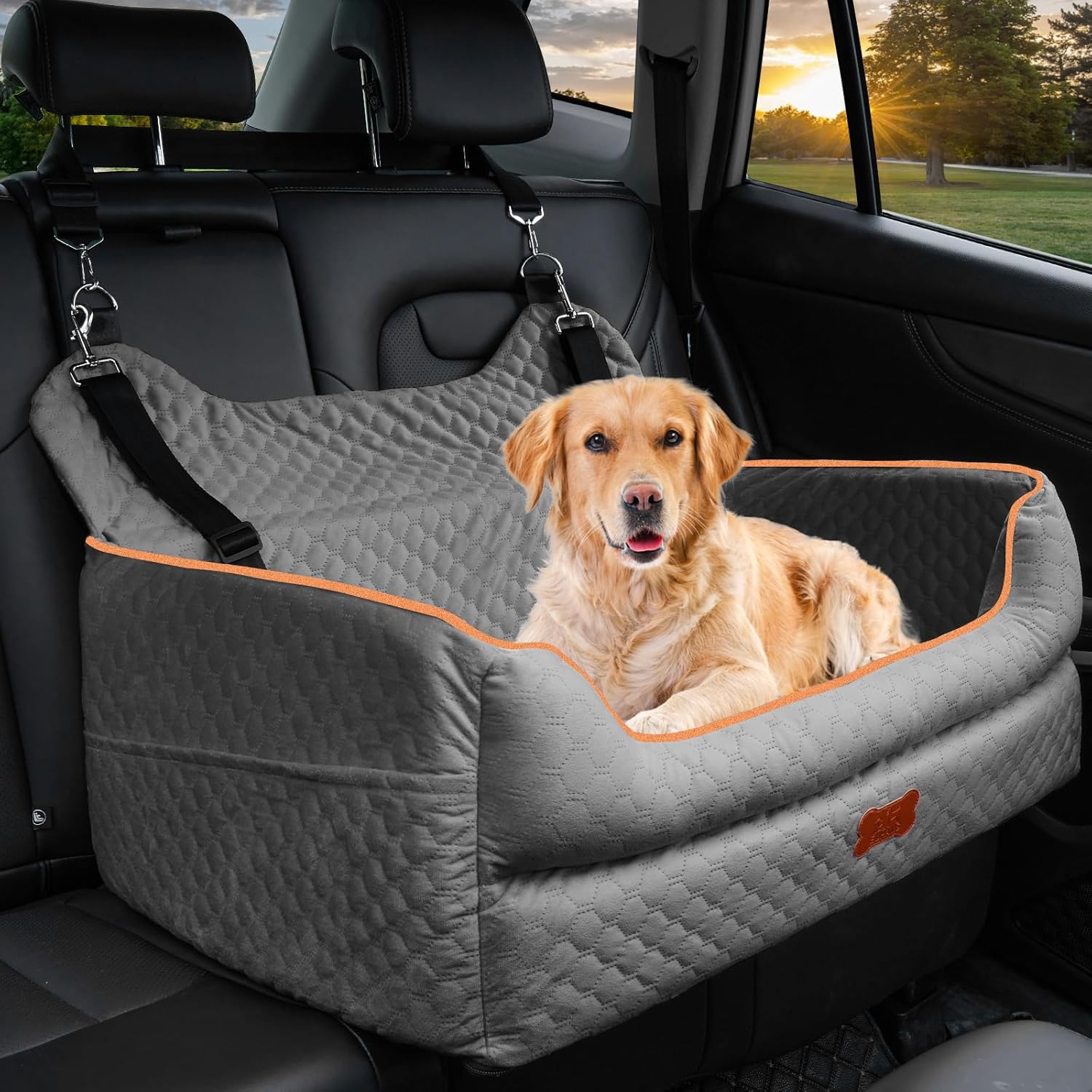 Dog Car Seat for Large/Medium Dogs – Memory Foam Dog Booster Seat for Under 55Lbs or 2 Small Dogs-Detachable and Washable Travel Bed with Thick Cushion and Storage Pockets-Grey