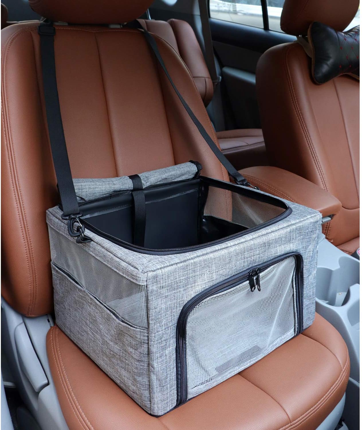 Dog Cat Car Seat, Collapsible Cat Puppy Car Carrier with Metal Frame, Travel Bag for Small Medium Pet up to 15 lbs