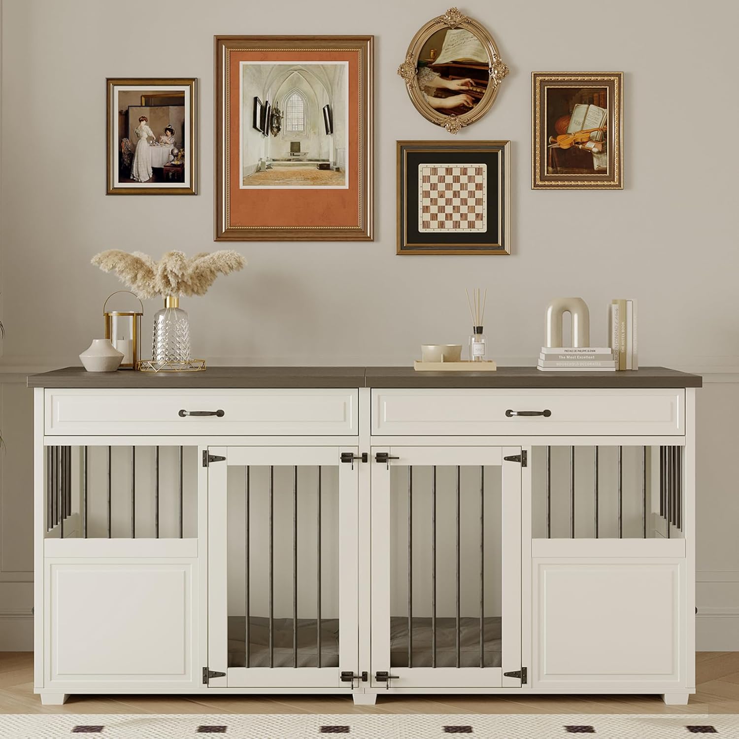 Dog Crate Furniture – Indoor Wood Dog Kennel Furniture 4 Doors with Divider and 2 Drawers – 72″ L x 23.6″ W x 34.8″ H, White