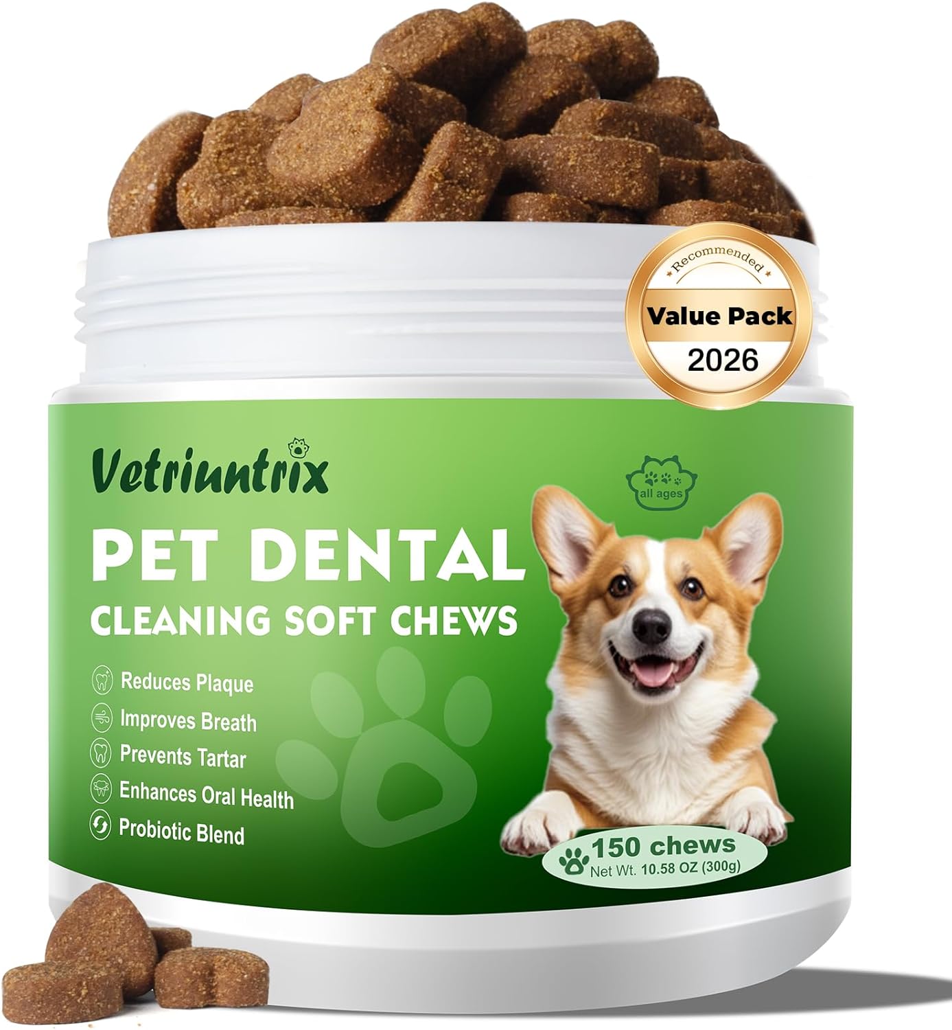 Dog Dental Chews, Dog Teeth Cleaning Soft Chews for Fresh Breath, Plaque & Tartar Control, Dental Care for Dogs with Natural Enzymes and Probiotics