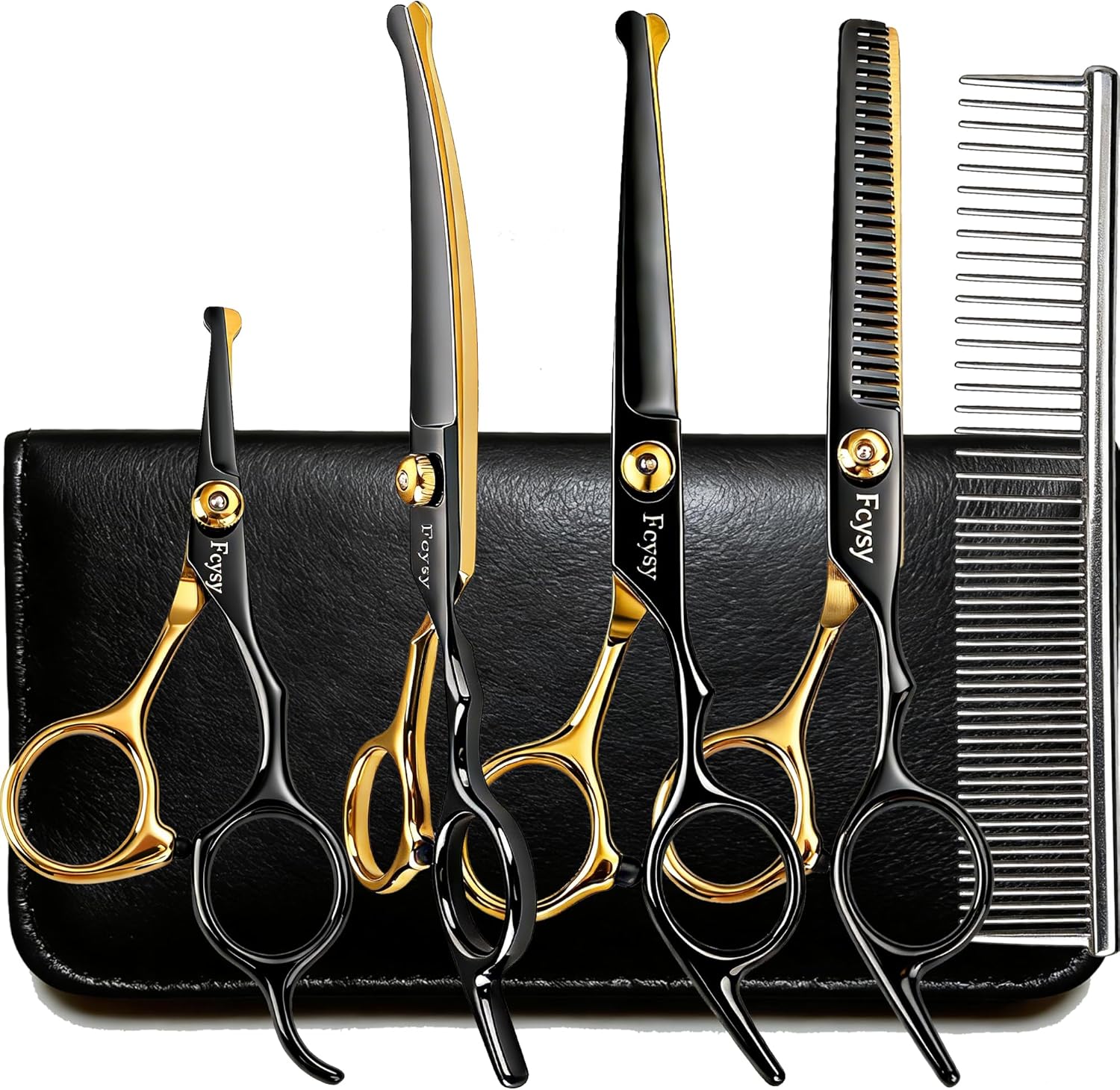 Dog Grooming Scissors Kit, Fcysy Professional Pet Shears for Cats at Home, Dog Grooming Tools with Curved & Straight Blades Scissors Thinning Shears Pet Supply Set