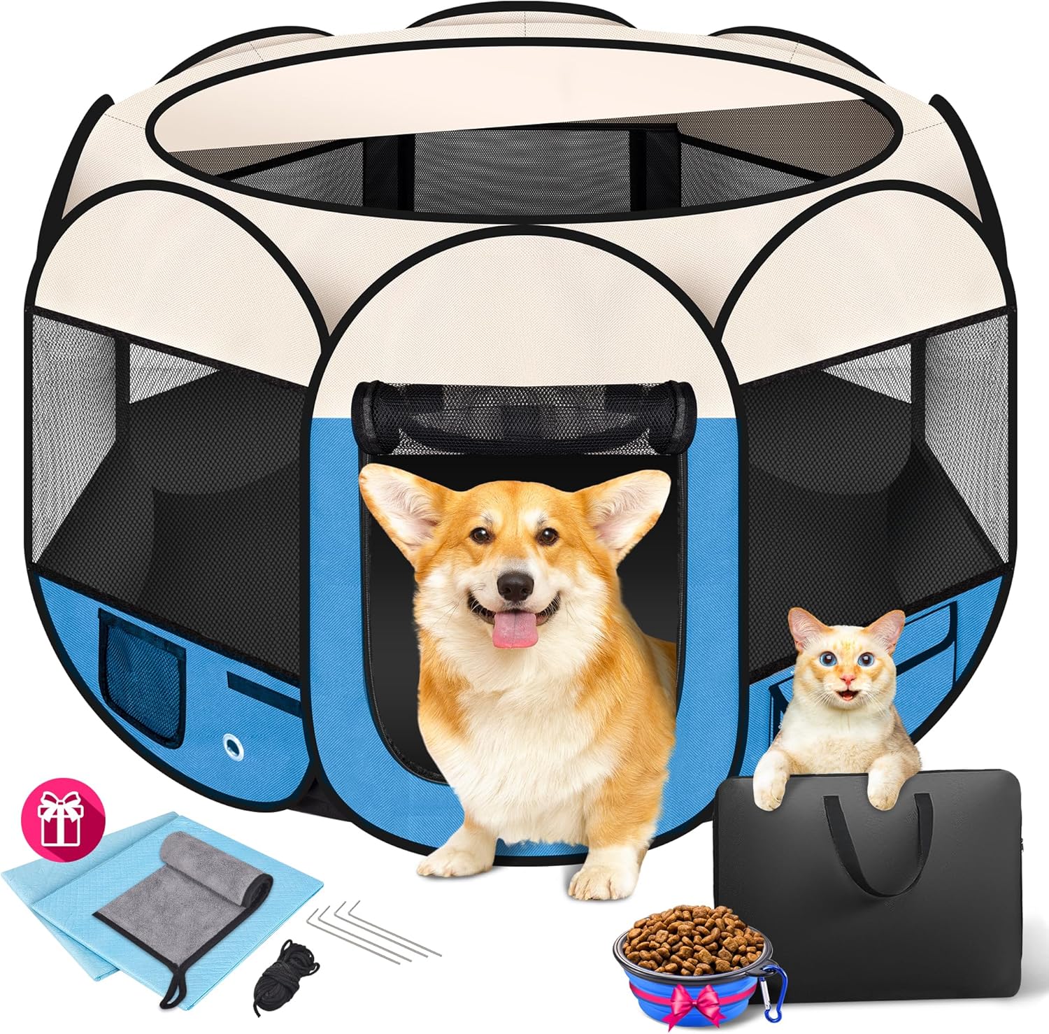 Dog Playpen 36″, HOMAGICO Pet Playpen for Indoor Cats Enclosed, Portable Dog Cage Outdoor Tent Crate with Carrying Case,Water-Resistant and Removable Shade Cover, Blue
