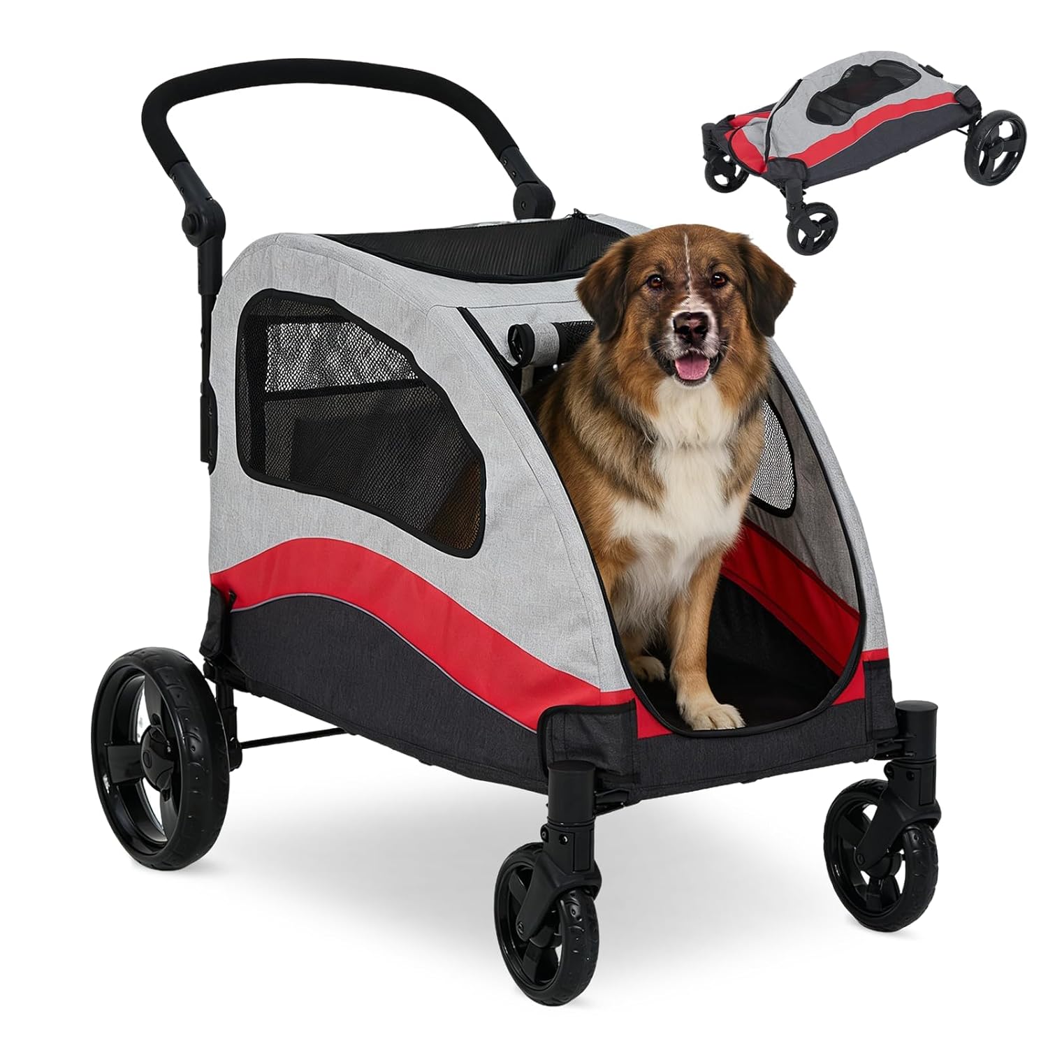 Dog Stroller for Large Dogs, Extra Large Pet Stroller Up to 160 Lbs, Foldable, Ventilated,360° Rotating Wheel, Easy Wash Pet Wagon with Adjustable Handle & Storage Pocket ﻿