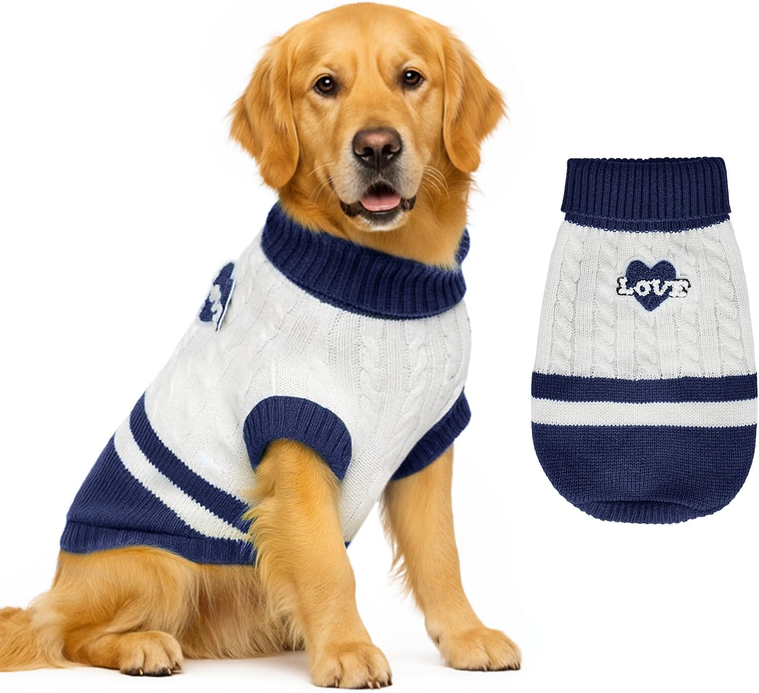 Dog Sweater Knitted for Small to Large Dogs Boy Girl, Classic Turtleneck Dog Christmas Sweaters, Warm & Soft Pet Clothes for Winter (Love Blue, 2XL)