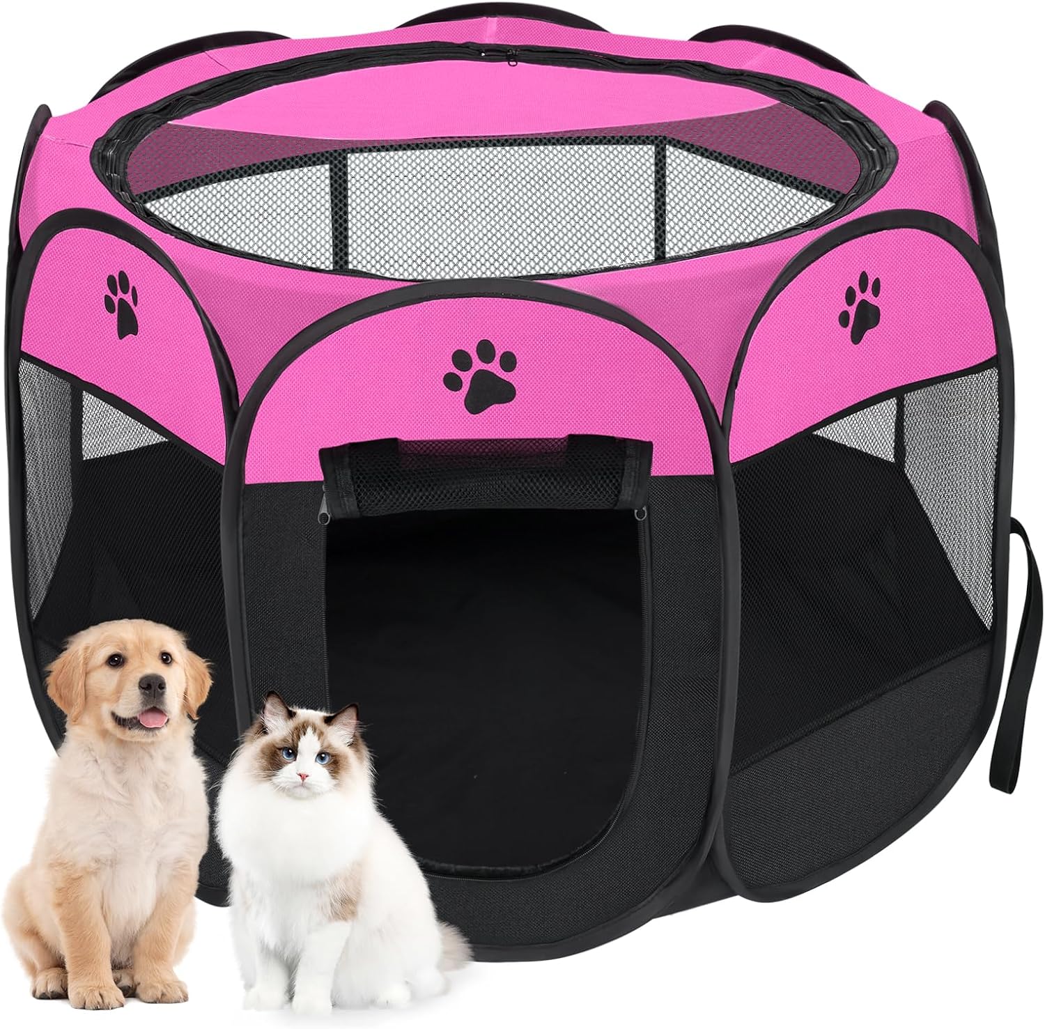 Dog playpen, Foldable Puppy Playpen, Pet Playpen Carrier Pop Up Tent 8-Panel Mesh Cover Adorable Design 600D Soft Oxford Playpen Kennel for Indoor-Outdoor Dog Cat Rabbit. (M 35″ 35″ 24″, Rose)