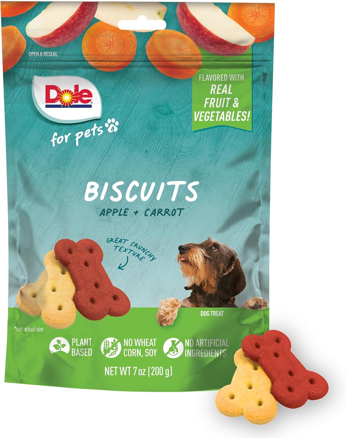 Dole for Pets Dog Biscuits Assorted Apple + Carrot Mix, Real Fruit and Vegetable Flavor Vegan Crunchy Treats, No Wheat Corn Soy or Artificial Additives, Bite Size Training Snacks for Dogs, 7 Oz