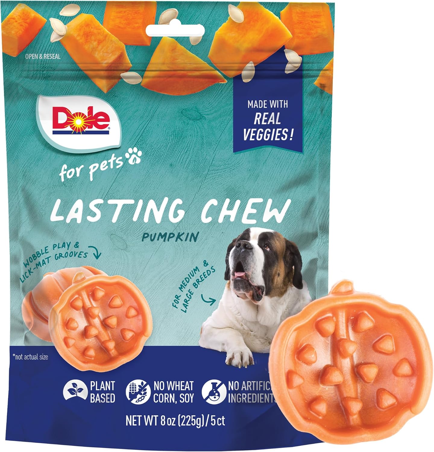 Dole for Pets Freshly Fetched Lasting Chew Pumpkin Flavor Dog Treats, Medium and Large Breeds, No Wheat, Corn, Soy, Artificial Flavors, Colors, or Animal Products, 8 Ounces, 5 Chews
