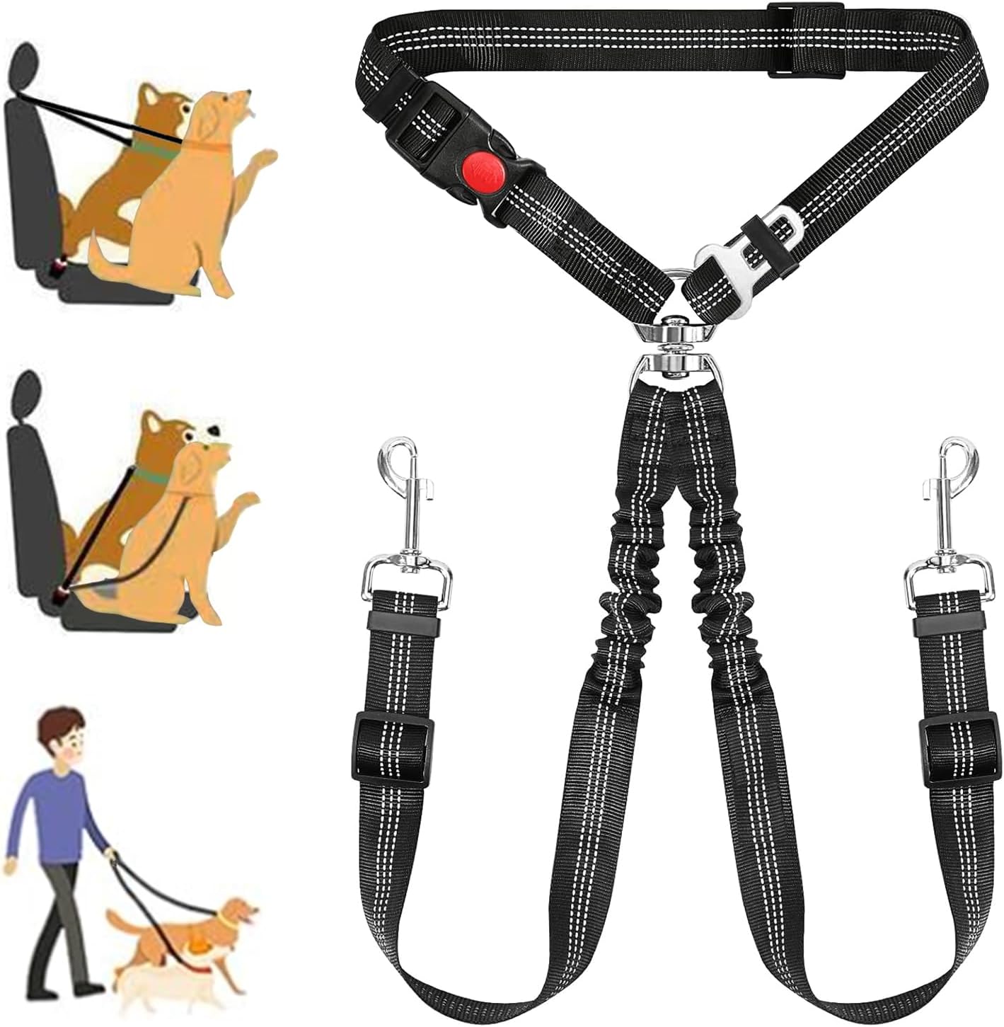 Double Dog Seat Belt for Car, Adjustable Headrest Restraint Safety Seatbelt with Reflective Bungee & Tangle-Free Swivel, No-Pull Split Leash for Vehicle Travel & Walking 2 Dogs, Black