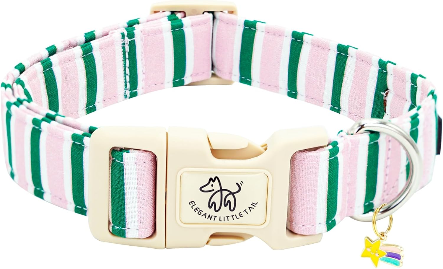 Elegant little tail Dog Collar, Cute Pink with Green Strip Pattern Pet Collars Soft Girl or Boy Adjustable Cotton Puppy Collar with Quick Release Buckle for Medium Dogs
