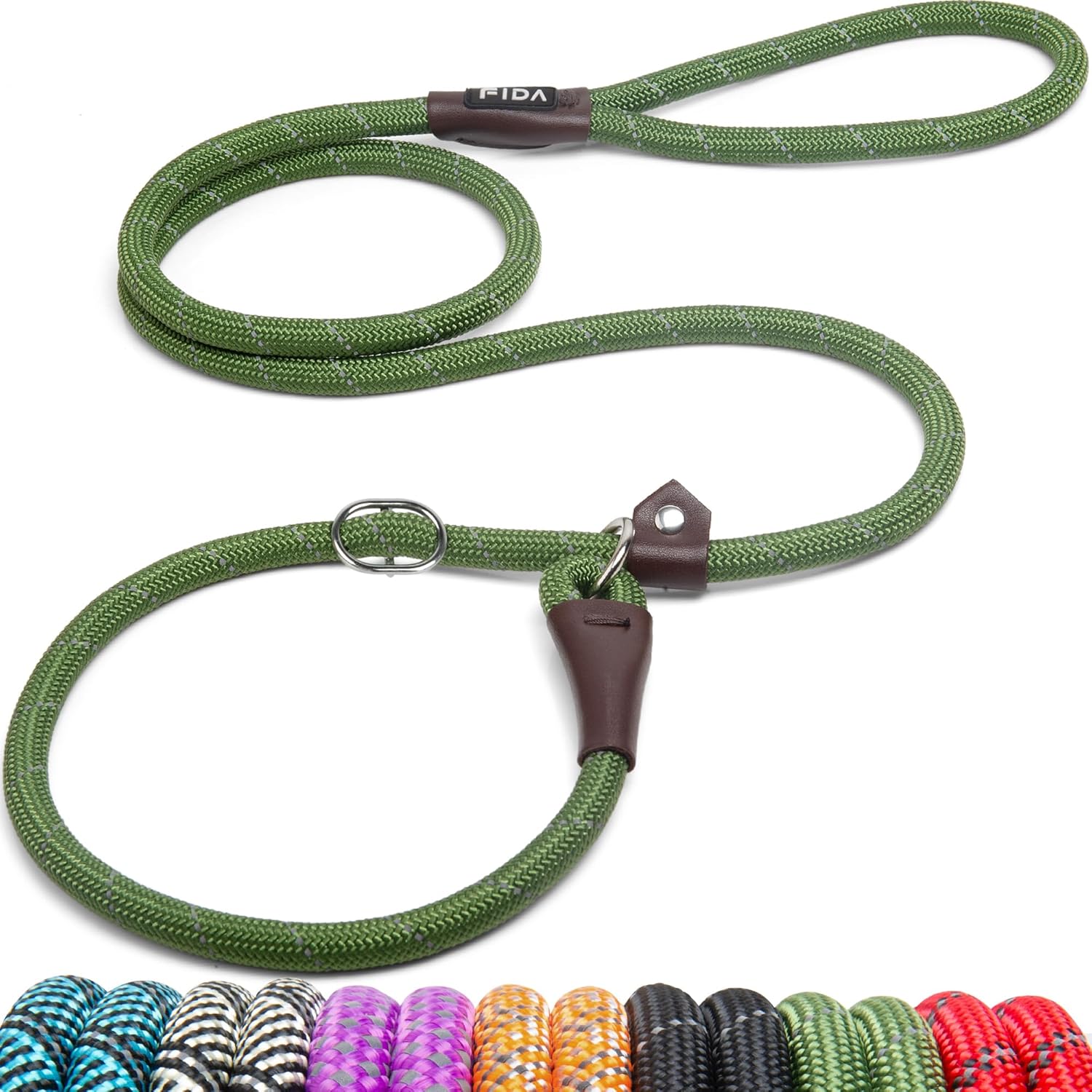 Fida Durable Slip Lead, 6 FT x 1/2″ Heavy Duty Loop Leash, Comfortable Strong Rope for Large, Medium Dogs, No Pull Pet Training with Highly Reflective, Green