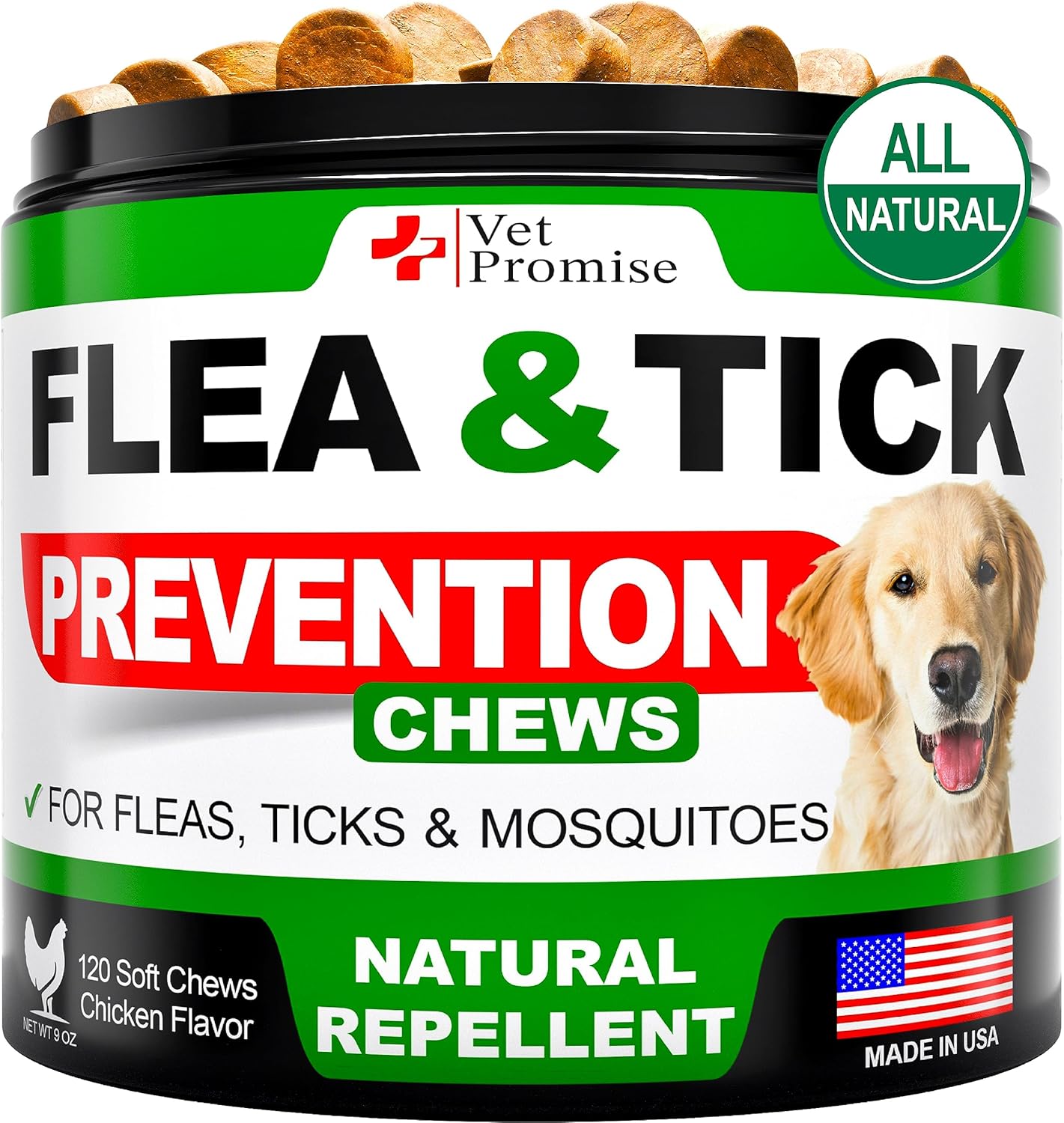 Flea and Tick Prevention for Dogs Chewables – All Natural Flea & Tick Control Chews – Oral Pills for Dogs Supplement – All Breeds and Ages – Made in USA – 120 Tablets