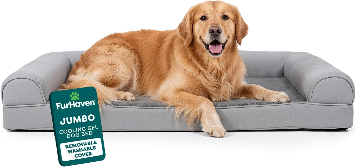 FurHaven Orthopedic Dog Bed for Large Dogs, Sofa-Style with Cool Gel-Top Foam with a Solid Orthopedic Foam Base for Joint Support, Removable Washable Cover, Jumbo XL, Plush & Suede, Gray