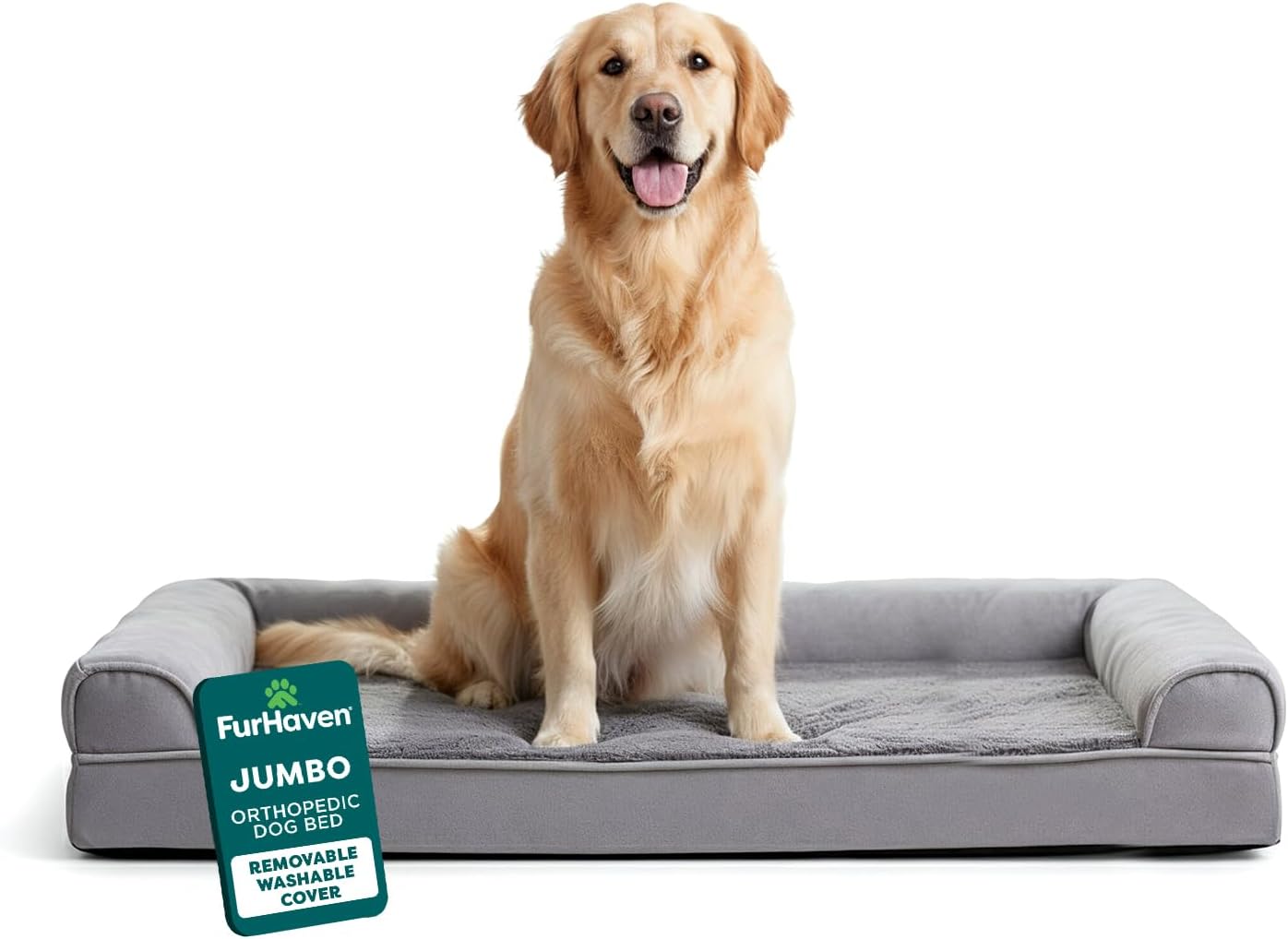 Furhaven Orthopedic Dog Bed for Large Dogs w/ Removable Bolsters & Washable Cover, For Dogs Up to 95 lbs – Plush & Suede Sofa – Gray, Jumbo/XL