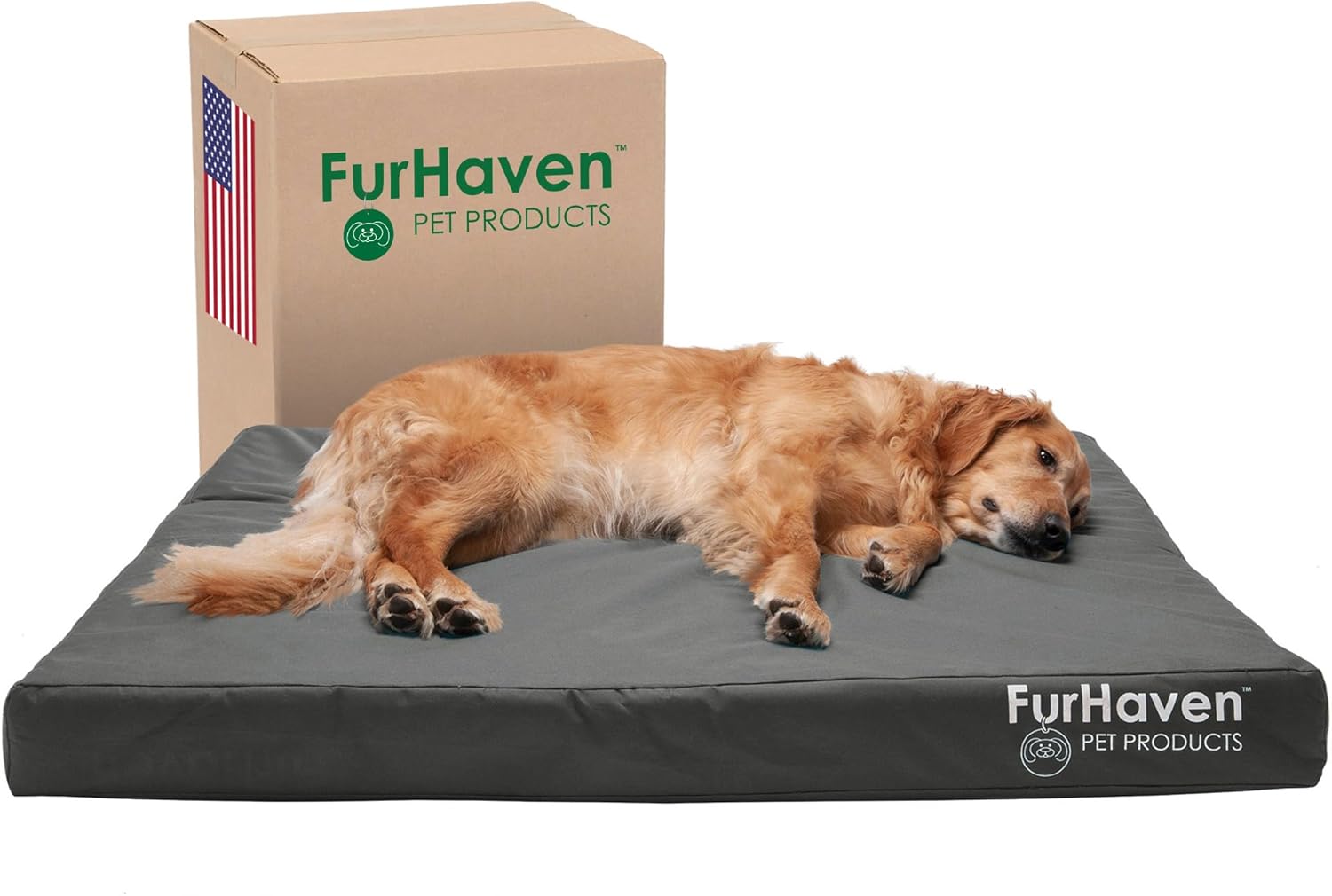 Furhaven Water-Resistant Memory Foam Dog Bed for Large Dogs w/ Removable Washable Cover, For Dogs Up to 95 lbs – Indoor/Outdoor Logo Print Oxford Polycanvas Mattress – Stone Gray, Jumbo/XL