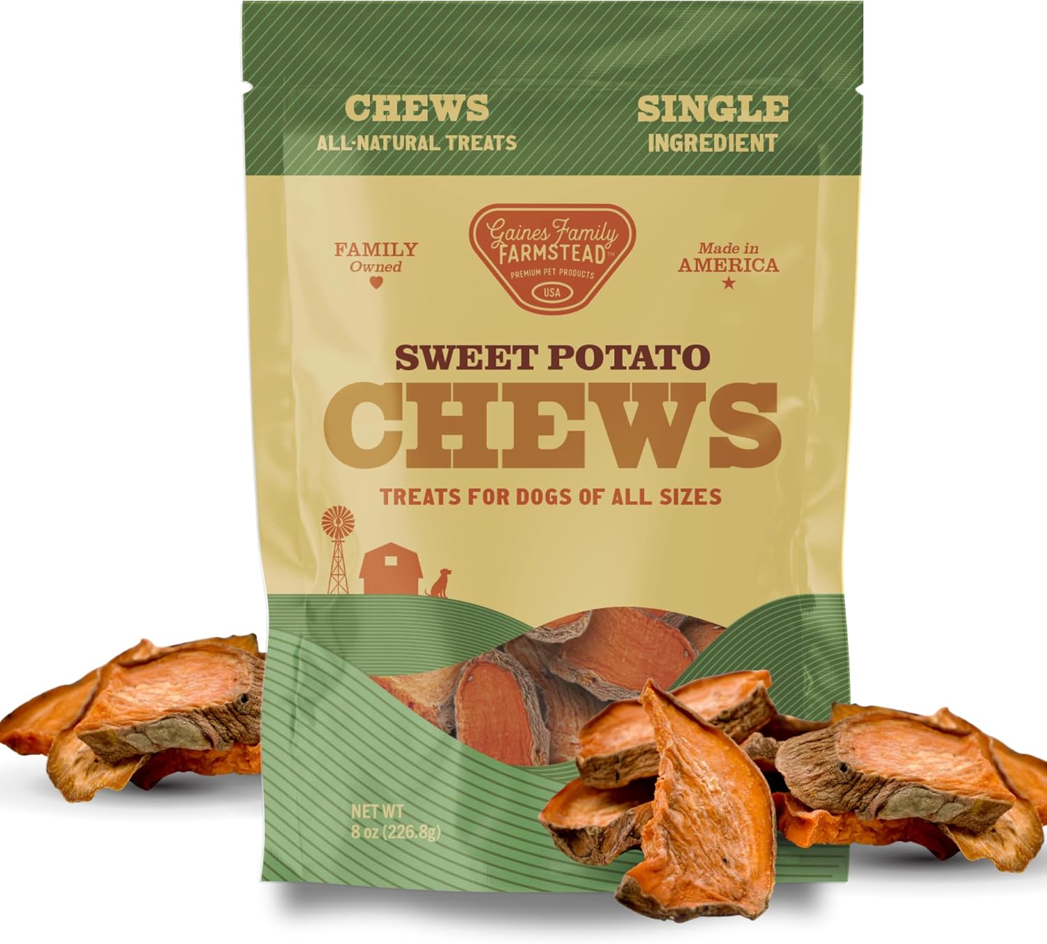 Gaines Family Farmstead Sweet Potato Chews for Dogs, 8 oz Bag – Single Ingredient Sweet Potato Dog Treats, High Fiber, Grain-Free, Rawhide Alternative, Vitamin-Rich, Made in The USA