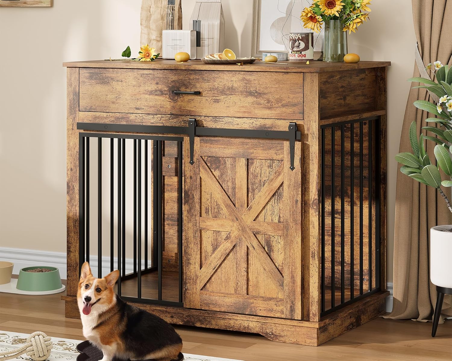 GarveeLife 37.8 Inch Heavy Duty Dog Crate Furniture for Large and Medium Dogs, Wooden Cage Kennel Furniture Indoor with Sliding Barn Door and Storage Drawer, Decorative Pet House End Table (B Brown)