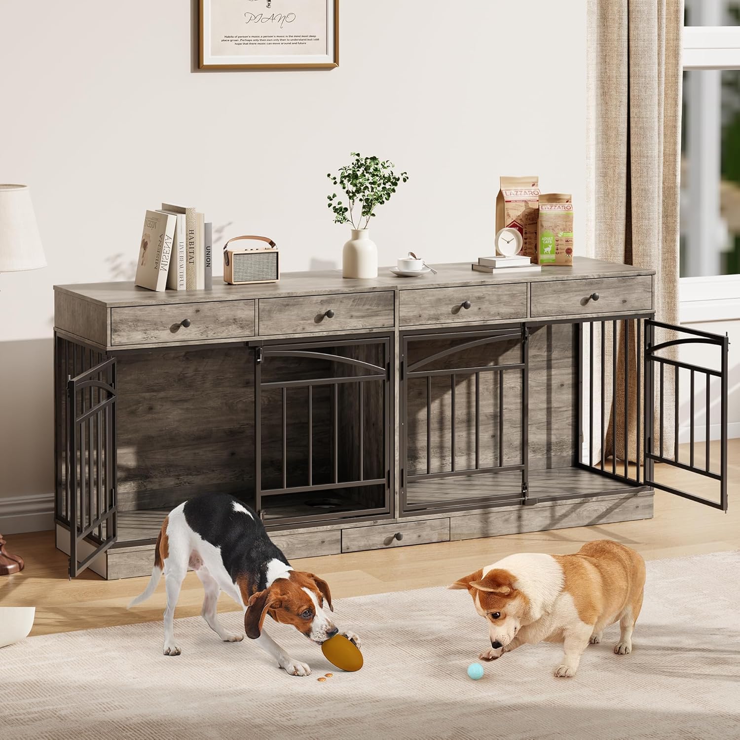 GarveeLife Double Dog Crate Furniture – 78.7” Large Indoor Kennel for 2 Dogs, with 4 Drawers, Built-in Feeding Bowls, Pet Crate TV Stand for Small/Medium Dogs, Gray