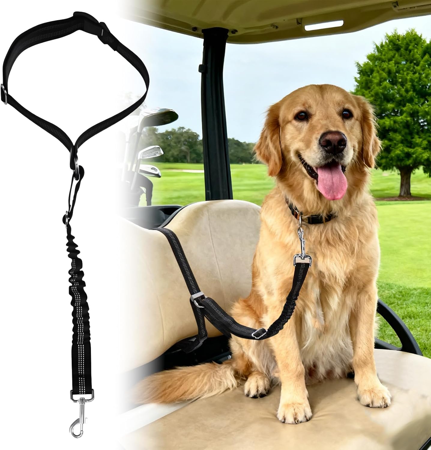 Golf Cart Dog Seat Leash & Safety Harness | Adjustable Pet Seat Belt with Tangle-Free Retractable Strap, Fits All Golf Cart Models (for Single Dog)