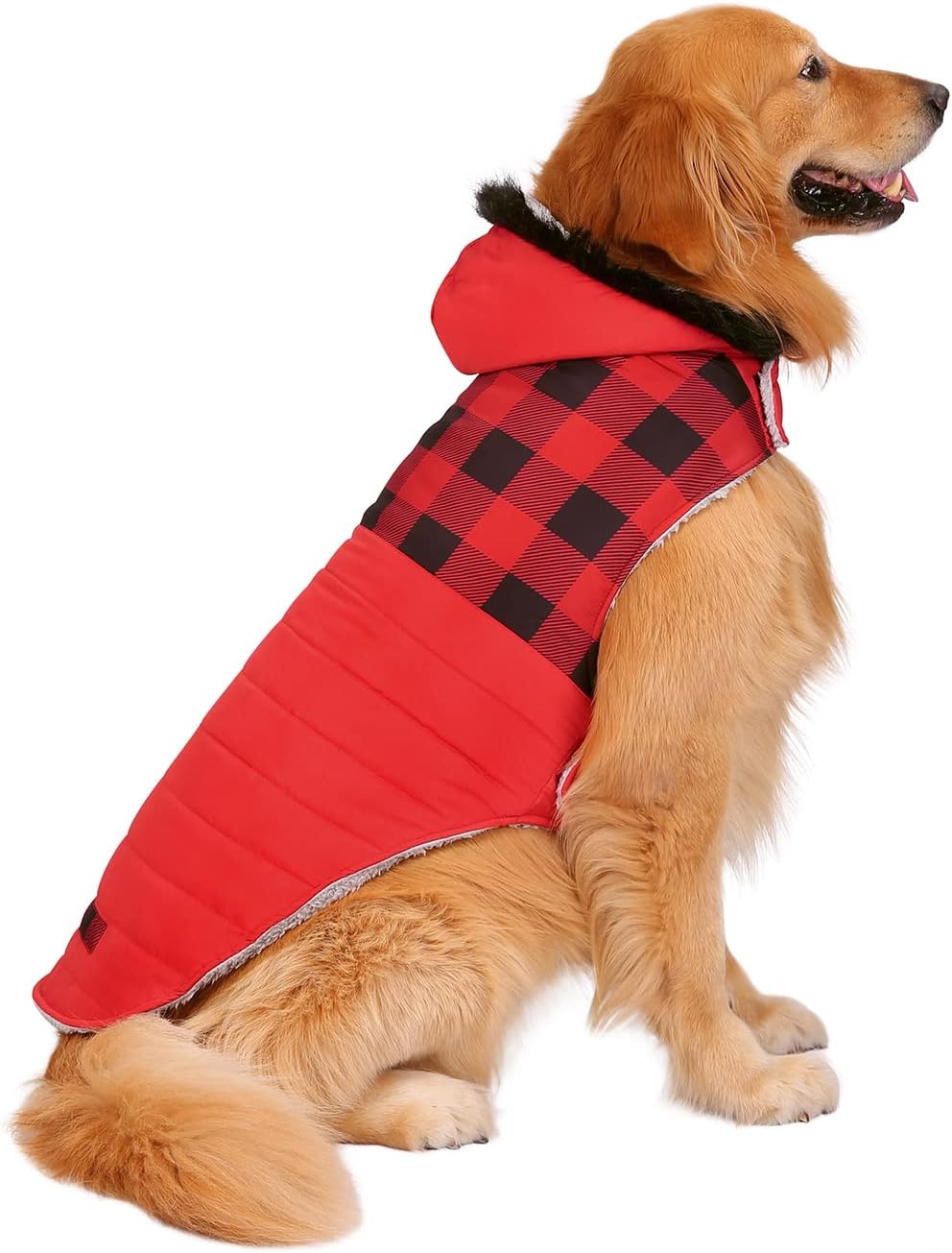 HDE Dog Puffer Jacket Fleece Lined Warm Dog Parka Winter Coat with Harness Hole Buffalo Plaid – L