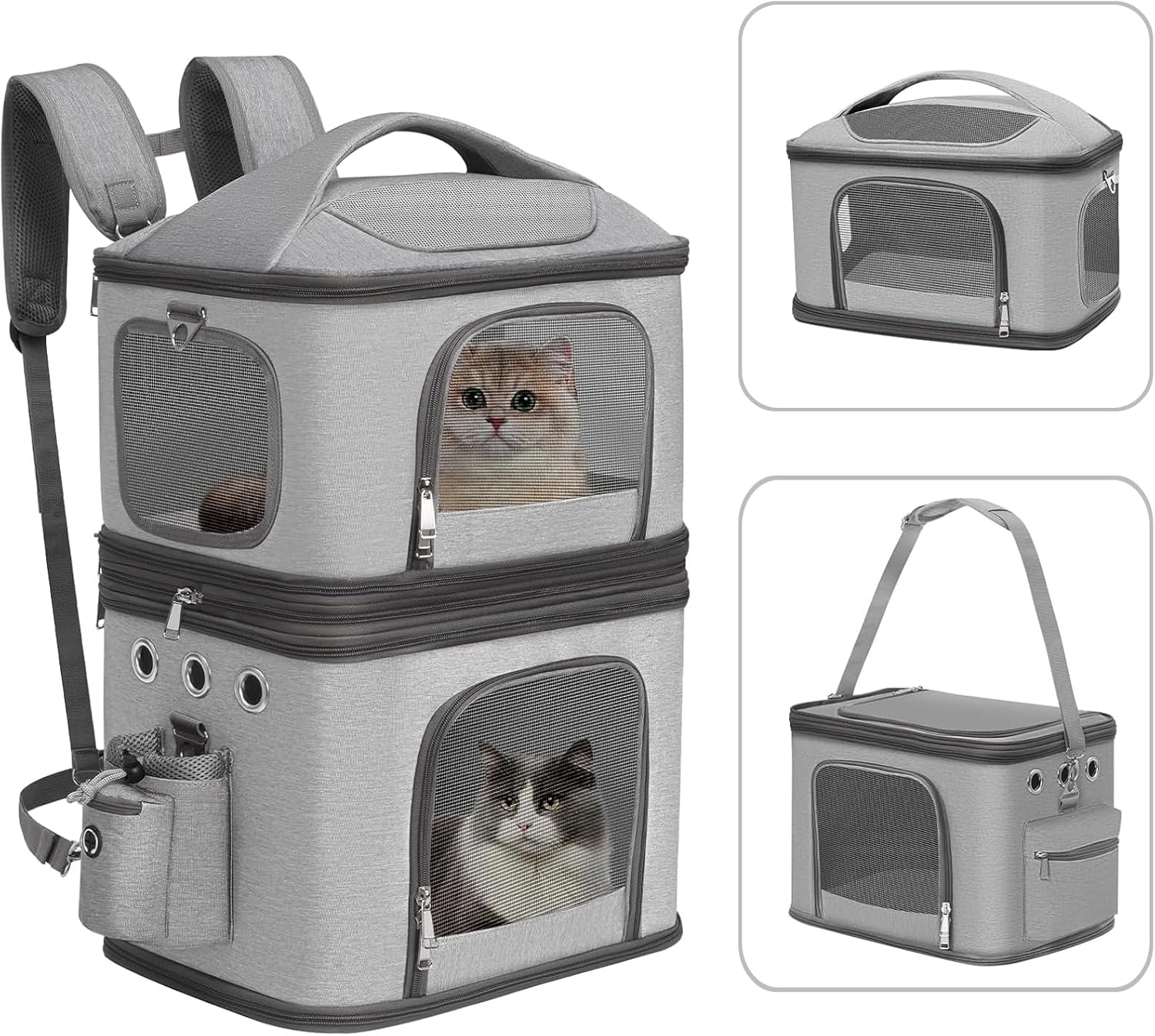 HOVONO Detachable Double Pet Carrier Backpack for Cats and Small Dogs, Cat Travel Carrier for 2 Cats(Up to 16 lbs Each), Perfect for Traveling/Hiking/Camping, Grey