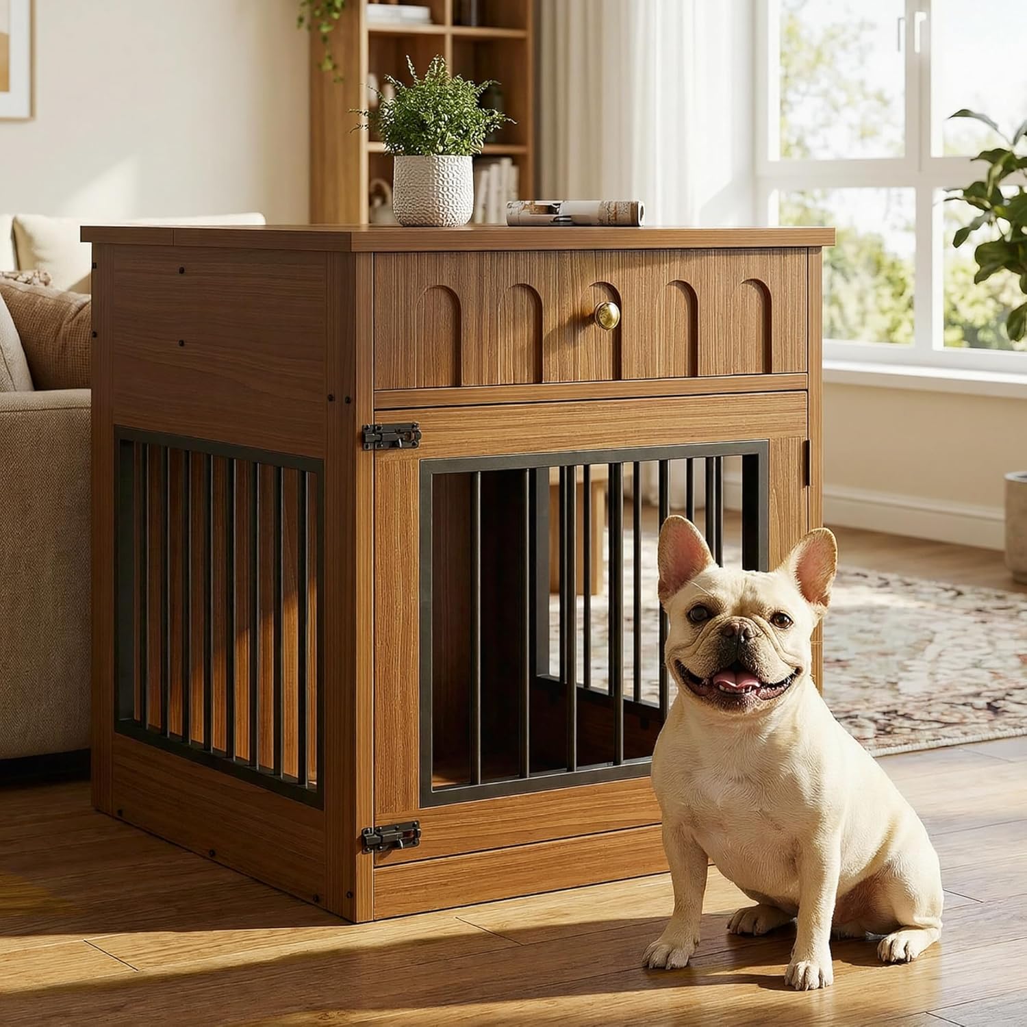 IRONCK Dog Crate Furniture, Wooden Dog Crate with Drawer and Flip-Top Storage, Indoor Dog House End Table for Small Breeds, for Living Room, Bedroom, Walnut