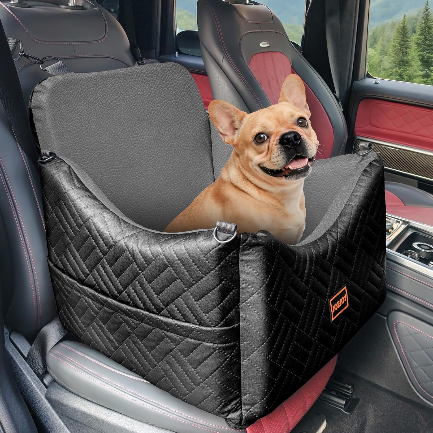 JOEJOY Dog Car Seats for Small Medium Dogs, Wipe Clean Waterproof Detachable PU Leather Cover, Thickened 2 inch Memory Foam Pet Car Seat with Safety Belt and Storage Pockets(No Cushion)