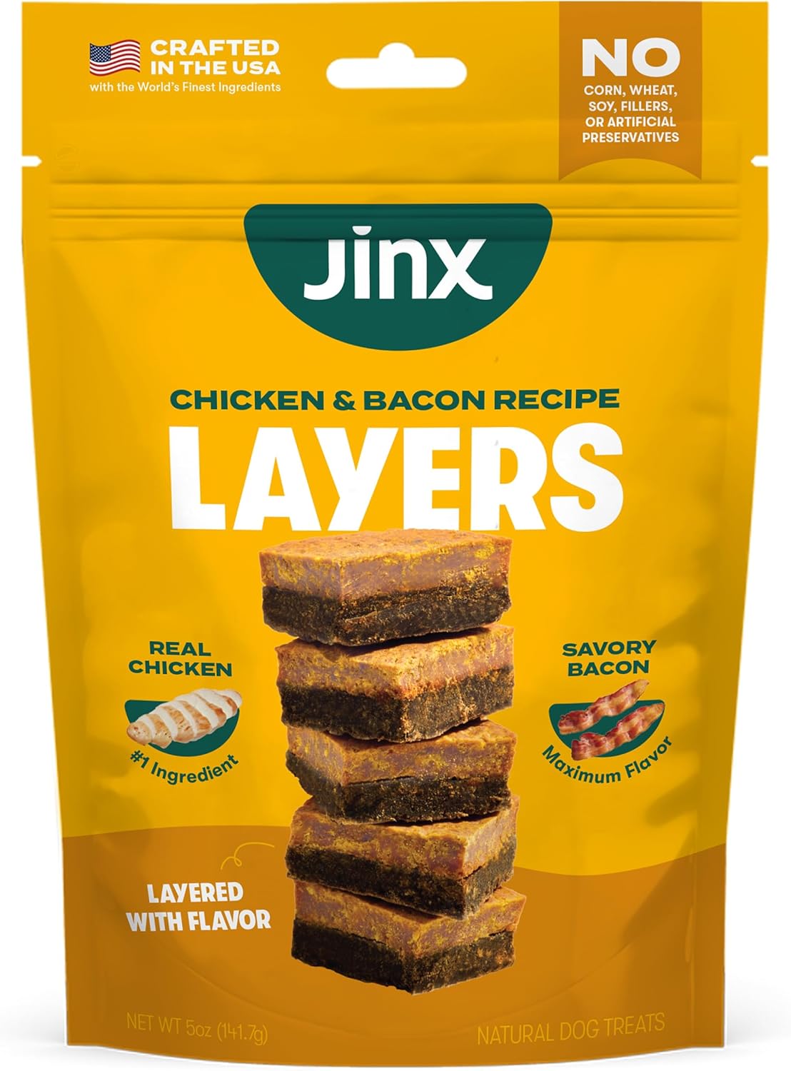Jinx Chicken & Bacon Layers Jerky Dog Treats – Crunchy, All Natural Dog Jerky Treats with Cage-Free Chicken & Bacon – Pet Products for All Dogs (Puppies, Adults & Seniors) – 5oz