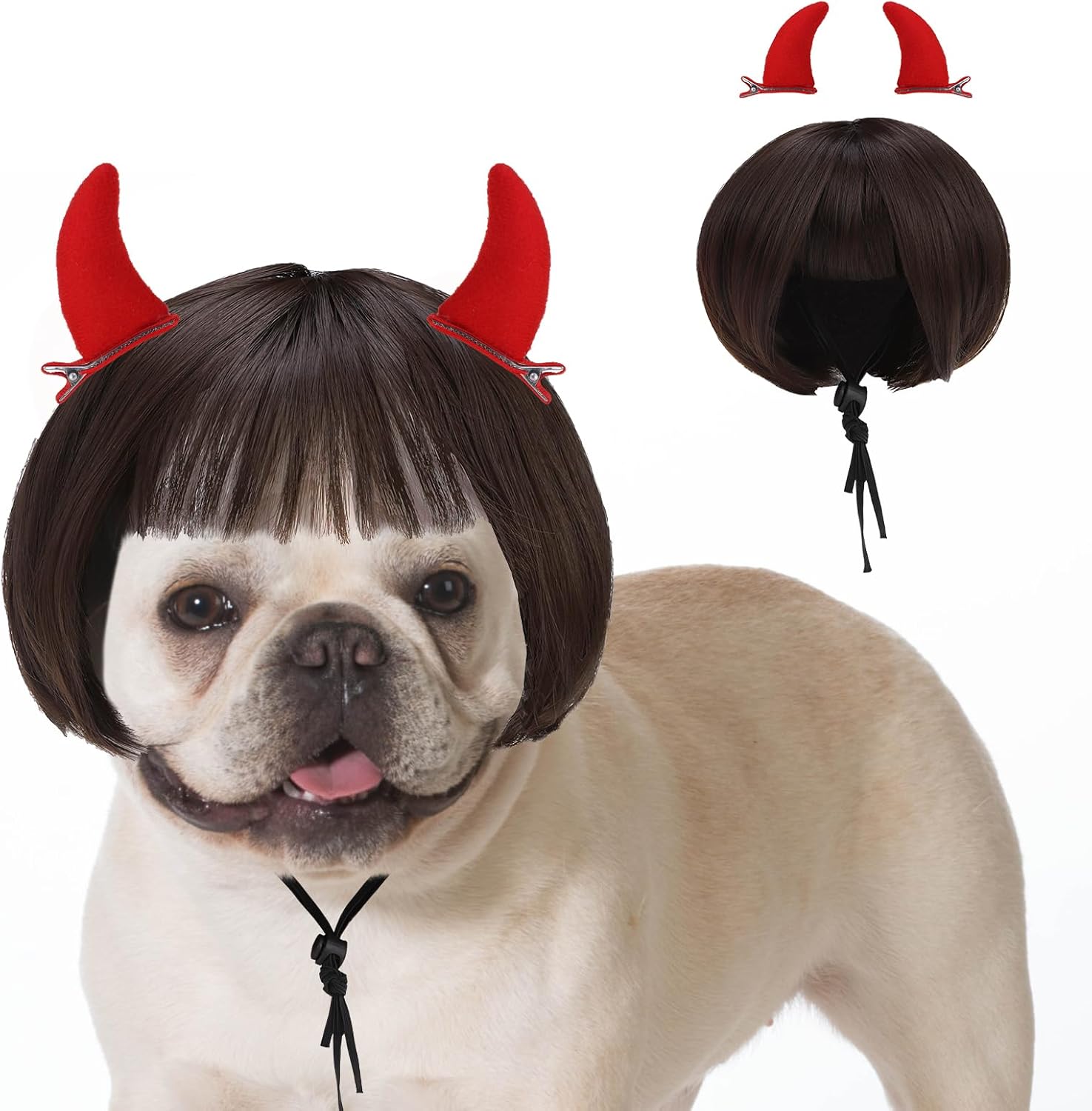 KOOLTAIL Dog Wig Costume,Funny Pet Wig with Devil Accessories Outfit for Small Medium Large Dogs Cats Unique Gift, Adjustable Fits Headwear Cosplay Dress up for Holiday Party Chirstmas Festival Gift