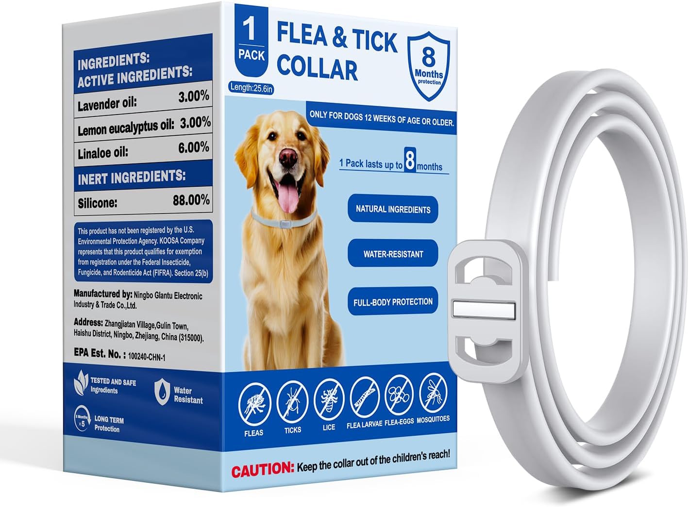 KOOSA Flea and Tick Collar for Dogs, 1 Pack Flea Collar for Dogs with Natural Essential Oils, Waterproof & Adjustable Flea and Tick Prevention Collar for Small Medium Large Dogs & Puppies, Grey 01