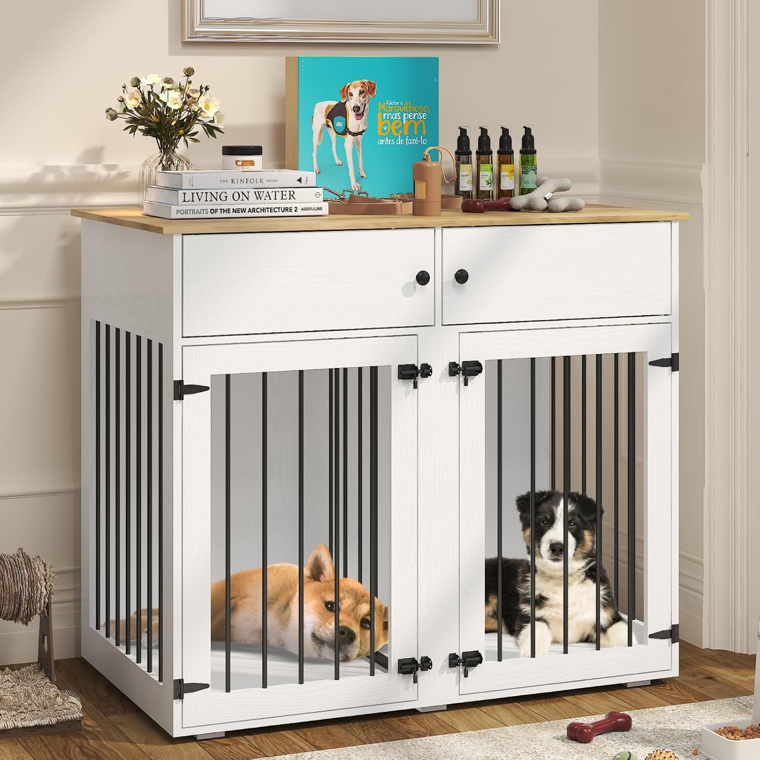 Large Dog Crate Furniture, 41 Inch Dog Kennel Indoor with Removable Divider & Double Doors, Wooden Dog Crates for 2 Dogs, Dog Crate Table for Large/Medium Dogs, White