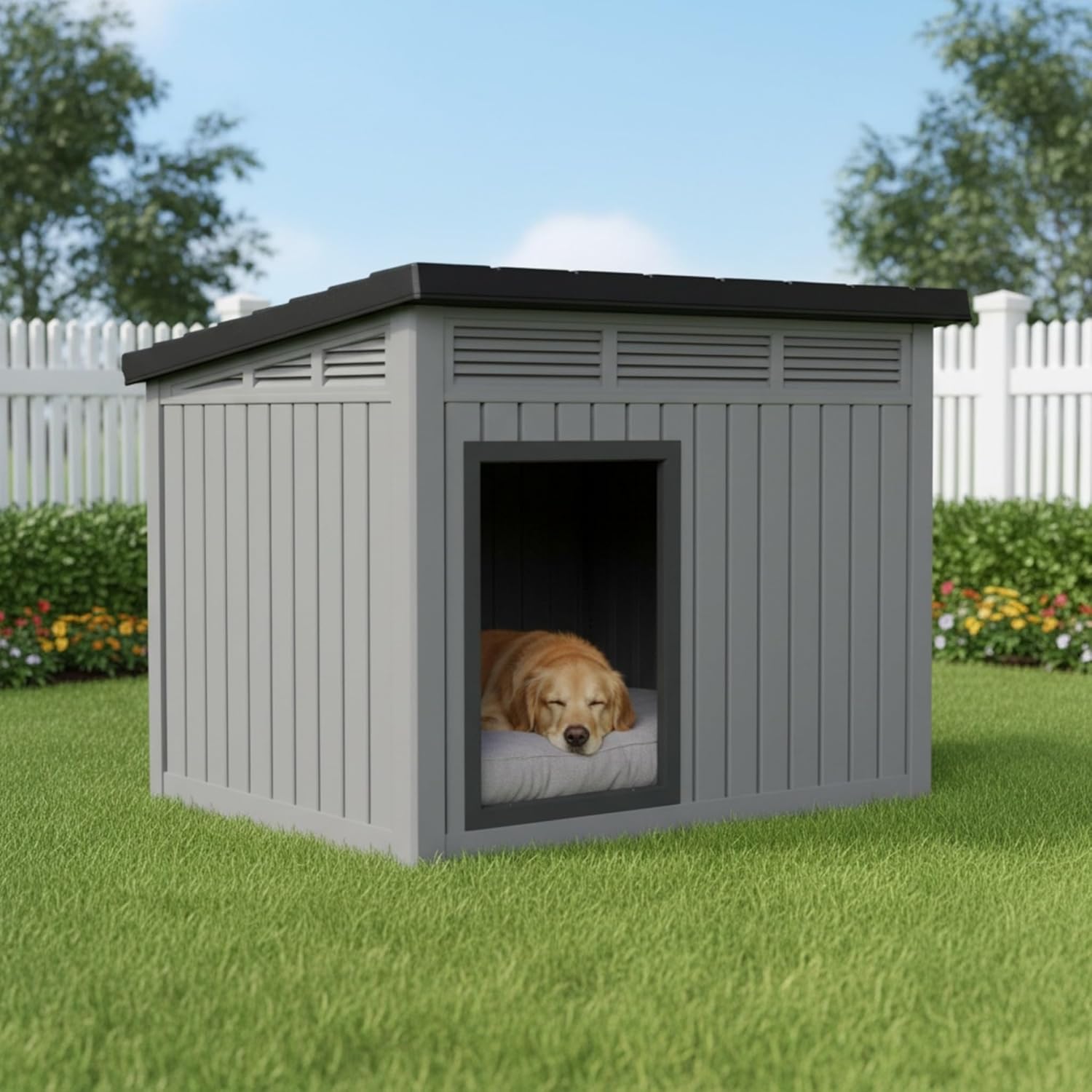 Large Dog House for Indoor & Outdoor Use, Weatherproof Resin Shelter with Removable Roof, Spacious Kennel for Medium to Large Dogs, Cats, and Pets (Grey, 42.5″ L x 33″ W x 31.6″ H)